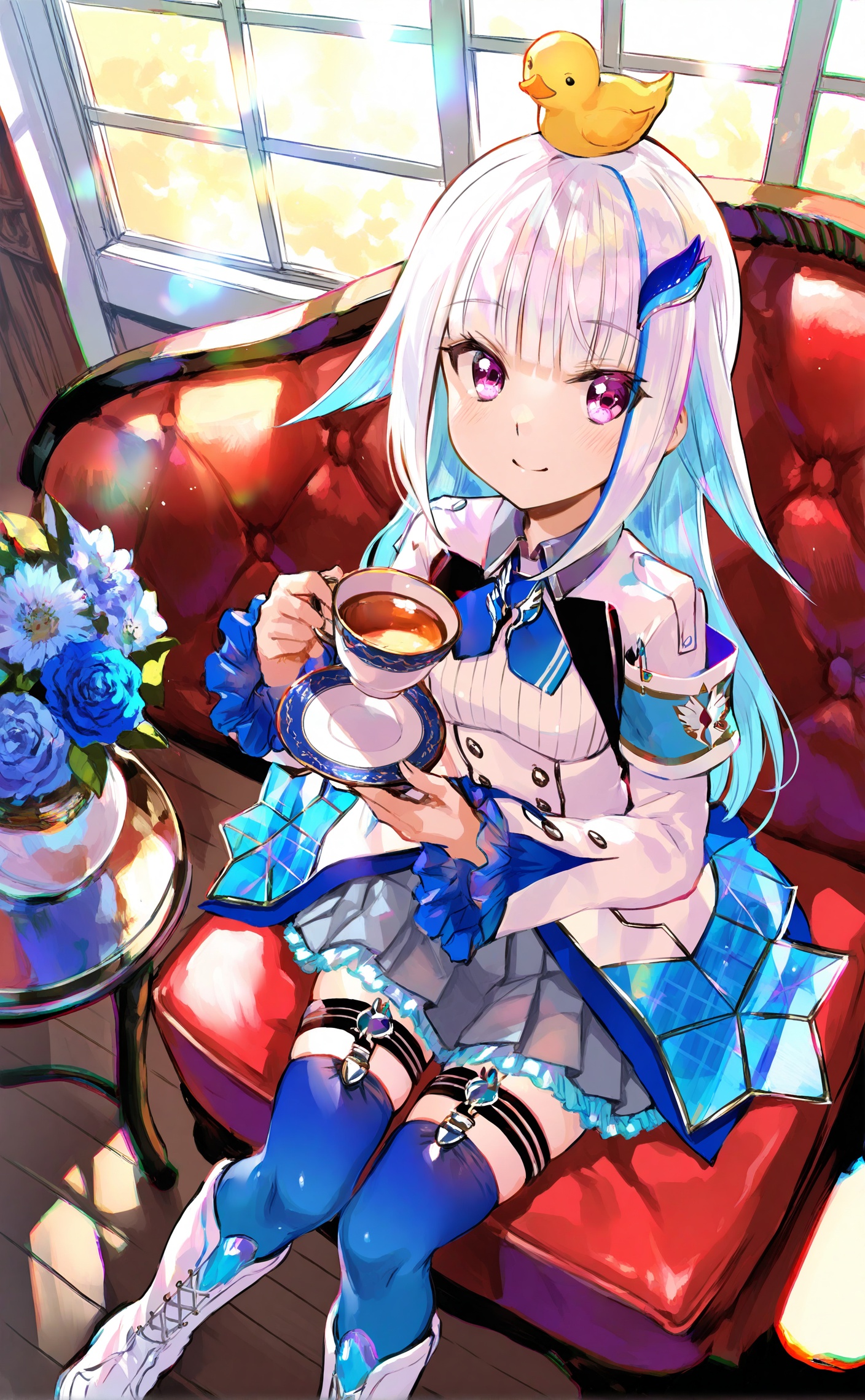 masterpiece,highres,absurdres,newest,best quality,loli,petite,high quality,chromatic_aberration,shiny_skin,//,1girl, lize helesta, cup, virtual youtuber, sitting, multicolored hair, teacup, thighhighs, white footwear, boots, holding cup, smile, skirt, flower, window, long hair, blue thighhighs, looking at viewer, saucer, white hair, indoors, holding, blue hair, blue flower, solo, couch, two-tone hair, purple eyes, holding saucer, animal on head, long sleeves, on head, bird, chair, grey skirt, white jacket, jacket, blunt bangs, duckling, pleated skirt, sunlight, hair ornament, closed mouth, knee boots, duck, colored inner hair, miniskirt, tea<lora:12.23:1>