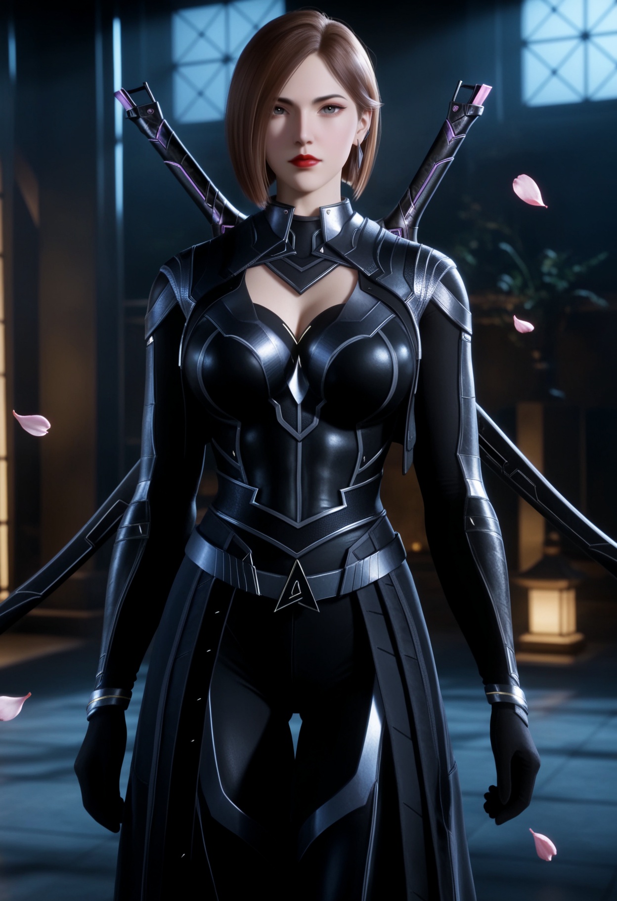 masterpiece,best quality,amazing quality,very aesthetic,high resolution,ultra-detailed,absurdres,scenery,photorealistic,(looking at viewer:1.1),(Dark room:1.3),(moody lighting:1.1),peach blossom,falling petals,(large breasts:0.8),jiangfang,1girl,solo,brown hair,short hair,armor,jewelry,earrings,realistic,grey eyes,cleavage cutout,bodysuit,clothing cutout,red lips,weapon on back,high_heel_boots BREAK photorealistic details,<lora:QQSilljiangfangV1:0.8>,