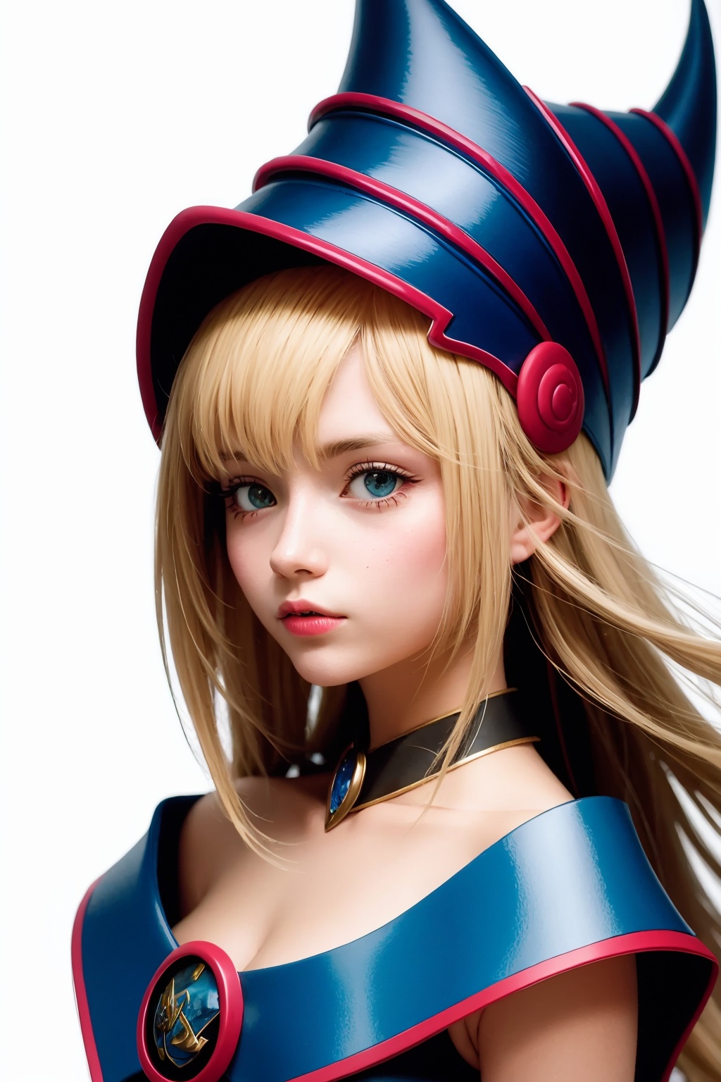 masterpiece,best quality, highly detailed, portrait,close-up,upper body,dark magician girl,1girl,solo,duel monster,wizard hat<lora:dark_magician_girl:1>,simple background,white background,