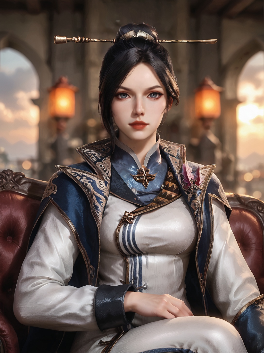 score_9,score_8_up,score_7_up,source_realistic,rating_safe,realistic,photo realistic,ultra realistic,<lora:ZhouYi-Pony:0.75>,zhouyi,(cowboy shot),(looking at viewer),1girl,solo,black_single_hair_bun,hair ornament,hair pins,hair stick,high collar,chinese clothes,sitting on armchair,warm light,warm colors,sunset,sunlight,cloud,dusk atmosphere,traditional buildings,soft focus,blurry background,depth of field,best quality,masterpiece,