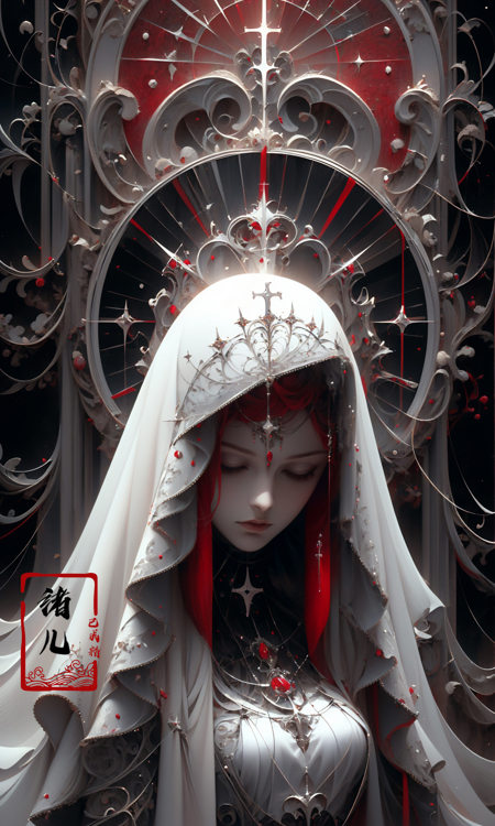 the goddess by shadrach jaroshelev, in the style of gothic futurism, dark white and light red, hyper-detailed illustrations, uhd image, Gorgeous costume details, intricate costumes, religious iconography,coif, (full body:0.1),<lora:绪儿-修女头巾coif:0.9>