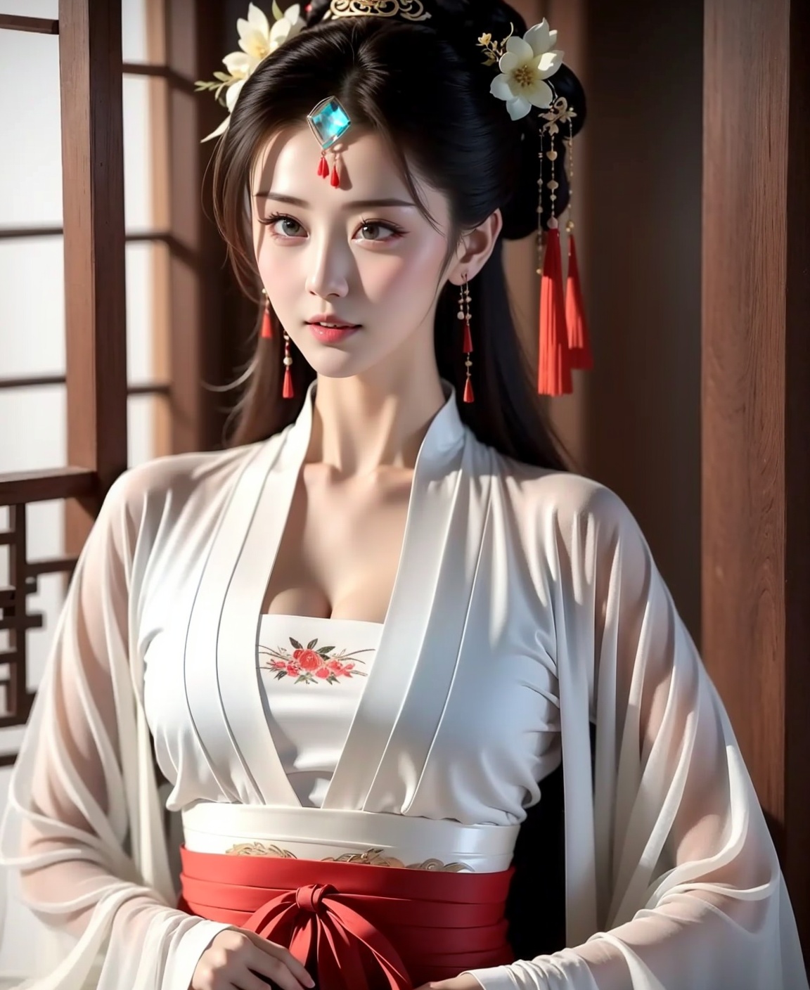 1 girl,Diamond Earrings，chest，Hanfu， <lora:han fu AI X1:1>，Red Hanfu