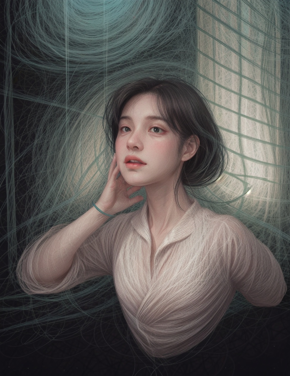 (chahua),1man,constellation,space,crescent moon,moon,night,night sky,planet,shooting star,starry sky,tower,traditional media,<lora:chahua:0.5>,((bright hue)),