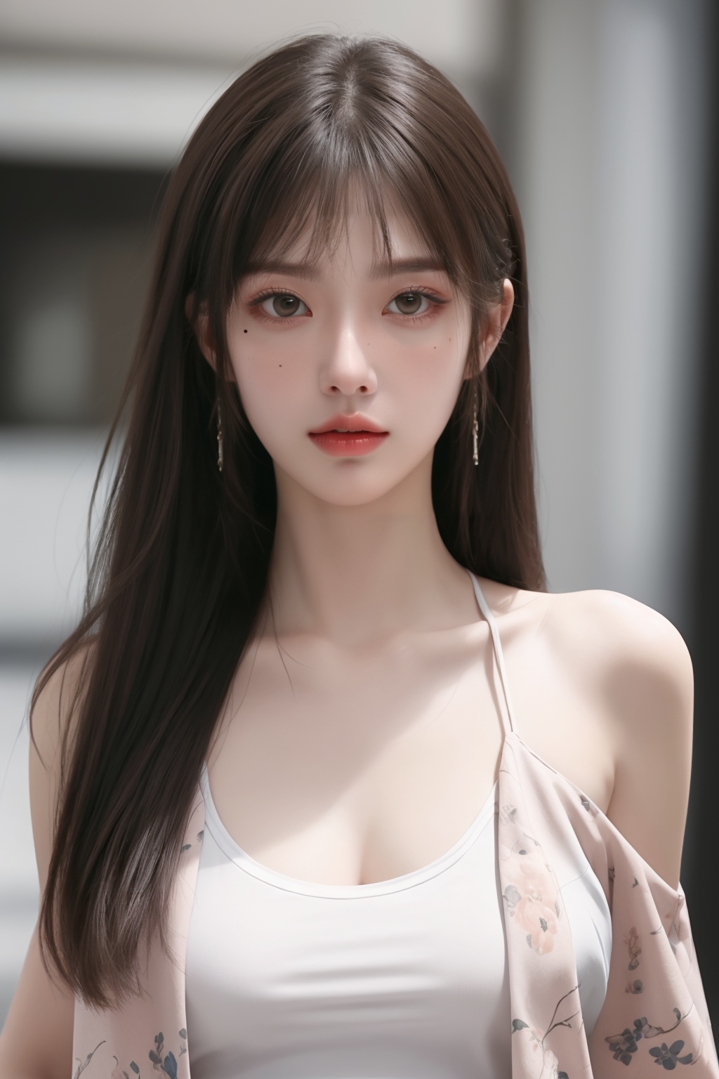 1girl, bangs, bare shoulders, blurry, blurry background, clothes writing, depth of field, floral print, jacket, lips, long hair, looking at viewer, mole, mole under eye, multicolored hair, off shoulder, open clothes, print shirt, shirt, solo, **** top, two-tone hair, upper body ,breasts, <lora:完美世界美女—清漪_1.0:0.66>