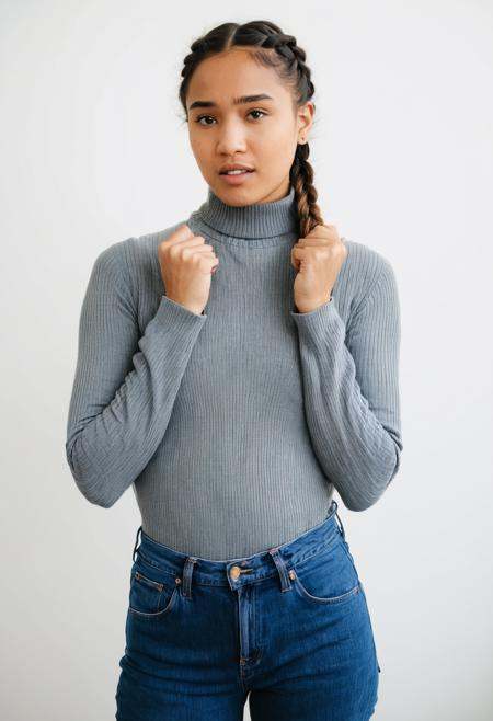 woman, confused expression, questioning gesture, braided hair, grey turtleneck, blue jeans, mixed ethnicity, portrait, high resolution, white background, indoor, natural lighting, facing camera, genuine emotion, casual wear, hands outstretched, no makeup, young *****, neutral color palette, minimalistic style. 