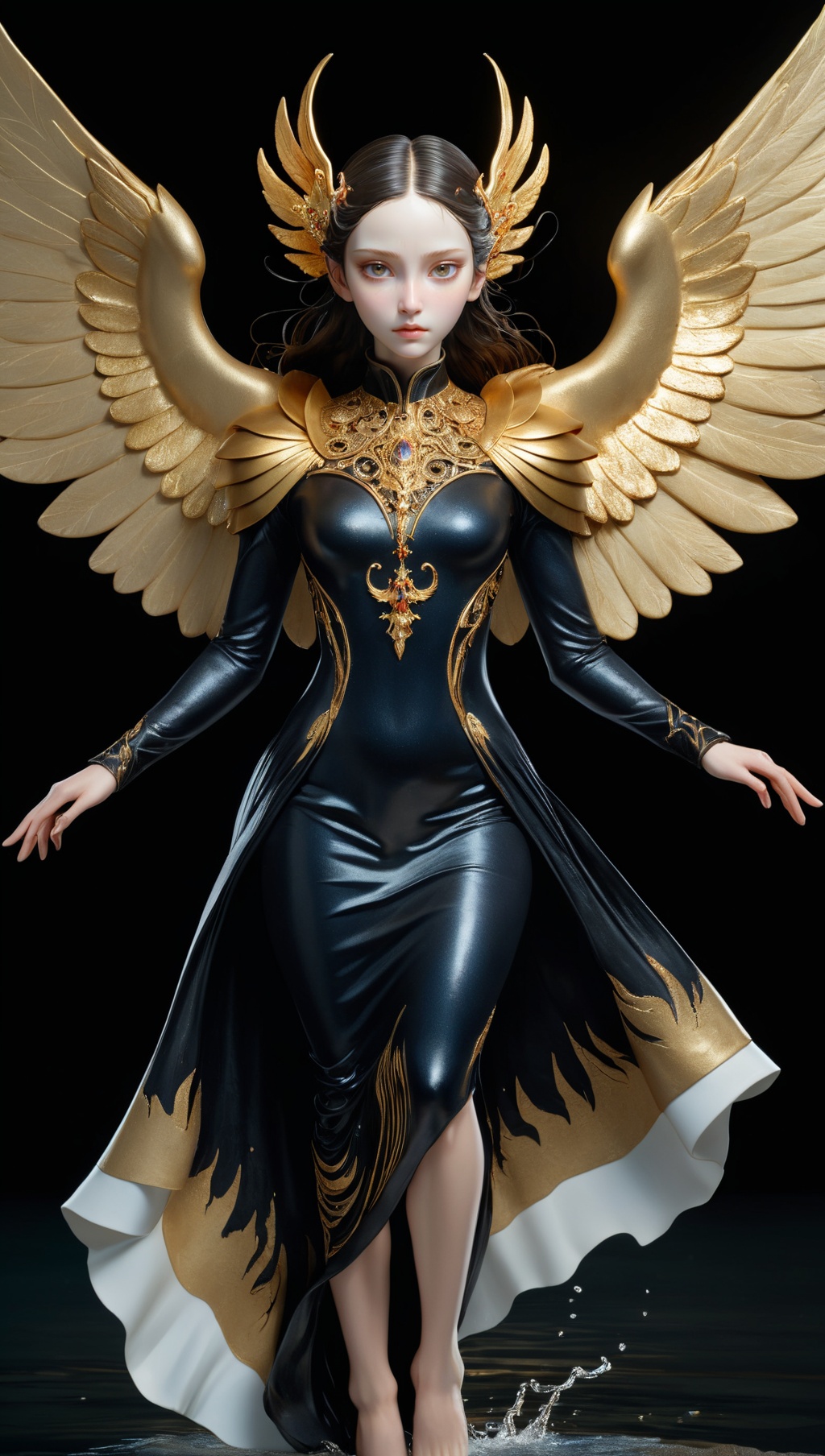 angelic strong woman (cherubim),  flying above water,  very large wings on Tensor.Art