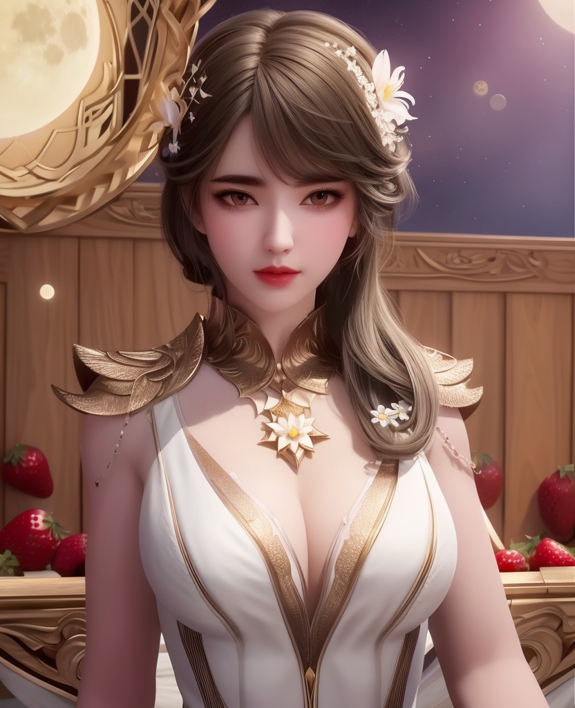 <lora:555-DA-斗罗大陆-宇梦迪:0.8>(,1girl, ,best quality, ),looking at viewer,  ,ultra detailed background,ultra detailed background,ultra realistic 8k cg, , ,masterpiece, (( , )),, ultra realistic 8k cg, ,      ,lily \(flower\) ,full moon ,strawberry blossoms      (cleavage), (),