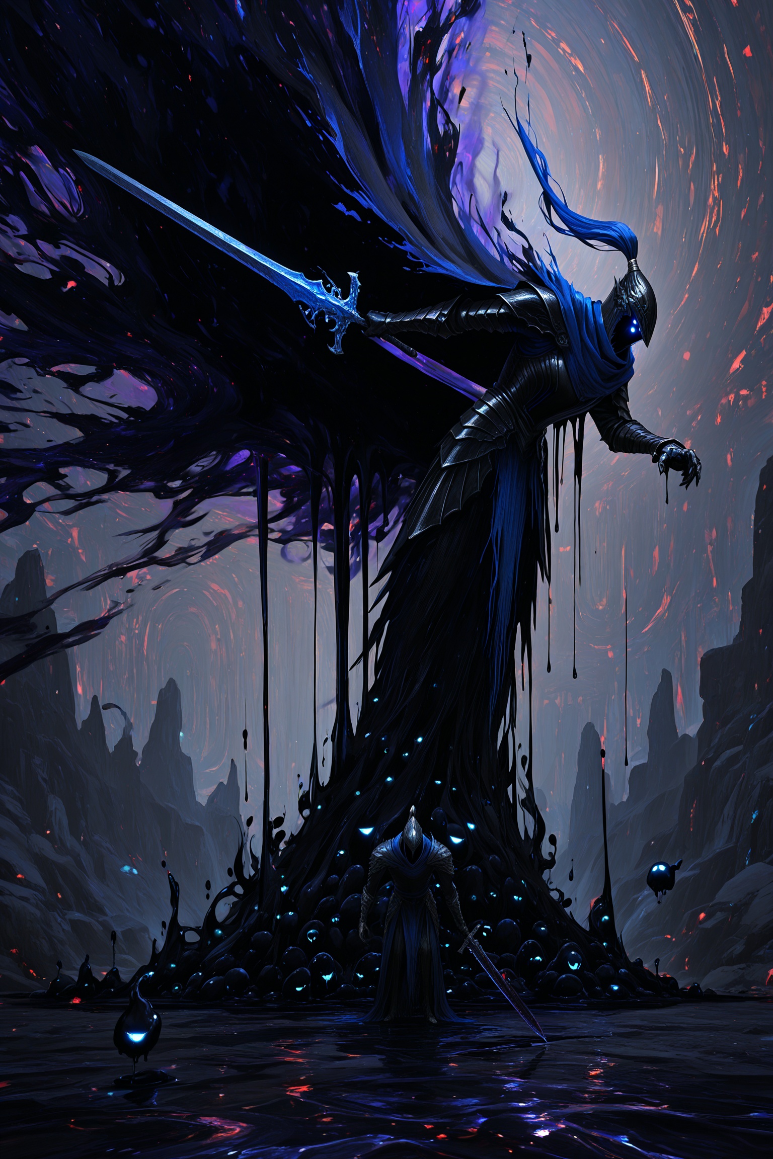 masterpice,scenery,abstract oil painting,wide shot,scenery,1boy,artorias the abysswalker,leaning forward,weapon over shoulder,holding sword,black armor,long floating cape,helmet,dark aura surrounding him,swalloed by darkness,dripping black goo,glowing eyes,eternal void,