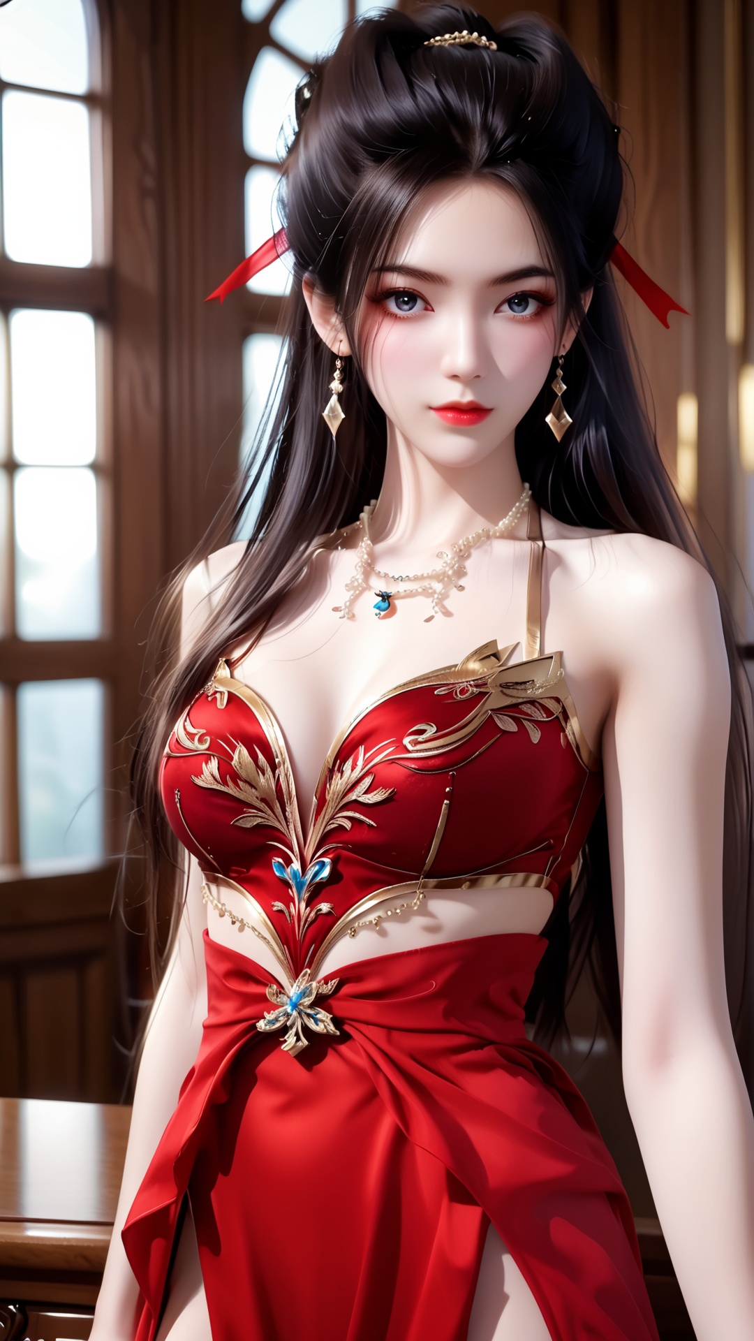 The image is a portrait of a young woman with long dark hair styled in a high ponytail. She is wearing a red dress with gold embroidery on the neckline and straps. Her hair is styled in loose waves and cascades over her shoulders. She has a gold necklace and earrings. The woman is looking directly at the camera with a serious expression on her face. The background is blurred, but it appears to be an indoor setting with a wooden wall and a window. The overall mood of the image is elegant and sophisticated..,<lora:pony焰:0.8>,