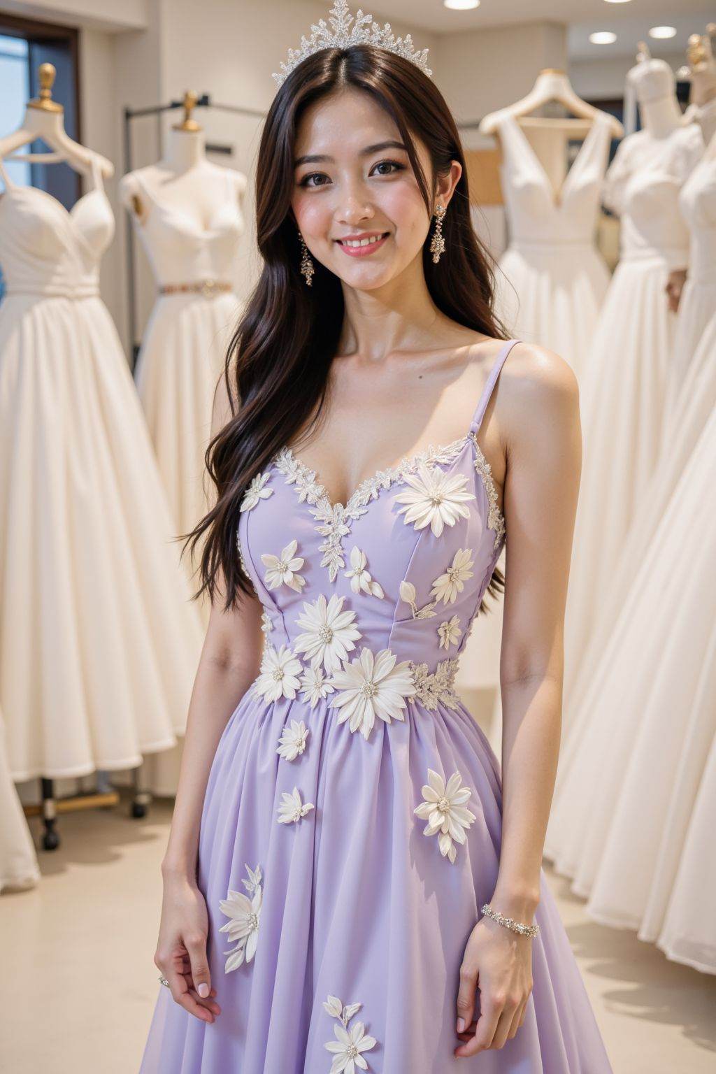 The image shows a woman wearing a lavender dress adorned with white floral embellishments. The dress has thin straps and a fitted bodice. She is standing in what appears to be a bridal shop, as there are several white wedding dresses hanging in the background. The woman has long, dark hair styled in an elegant updo, and she is wearing a tiara. She is also wearing earrings and a bracelet. The setting is bright and well-lit, with a soft, serene ambiance.