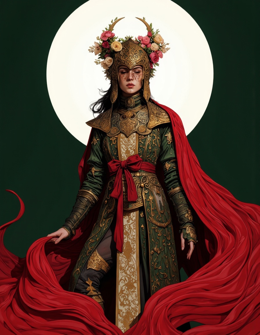 By Phandigrams. A digital illustration shoot from a low-angle perspective about a mysterious figure dressed in ornate armo...