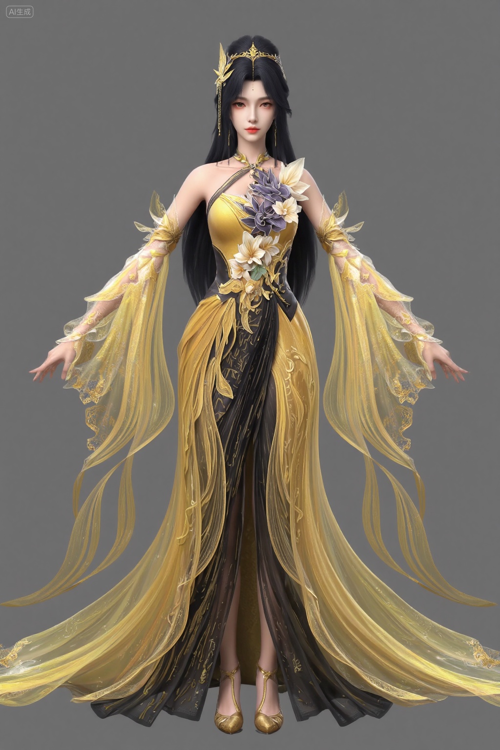 A digital artwork of a beautiful woman with long black hair,wearing an elegant,flowing golden and black dress adorned with floral patterns and sheer,translucent sleeves. She stands against a plain gray background,exuding an ethereal,fantasy aesthetic. Her expression is serene,and she holds a bouquet of flowers.,, best quality,astonishing quality,ultimate aesthetics,absurd,best quality,ultimate aesthetics,masterpiece,emotional masterpiece,extraordinary above all,mastery of details,, Negative prompt: ng_deepnegative_v1_75t,(badhandv4:1.2),EasyNegative,(worst quality:2),,nsfw, Steps: 30, Sampler: DPM++ 2M, CFG scale: 3.5, Seed: 3272398837, Size: 1024x1536, Model hash: 062dad72b2, Model: 麦橘超然majicFlus_v1.safetensors, Denoising strength: 0, RNG: CPU, Lora 1: 20250820-1755705975731-0010, Lora Hash 1: cf2836352b, Lora Weight 1: 1.0, vae_name: automatic