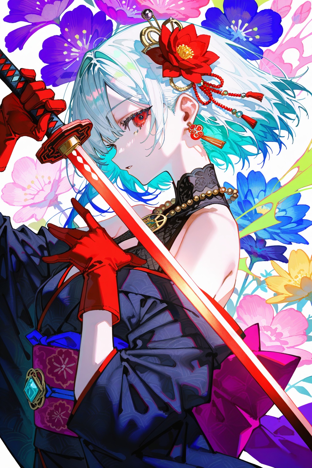 hycg,hysp,dynamic_outline,masterpiece,best quality,high quality,extremely detailed CG unity 8k wallpaper,extremely detailed,High Detail,vibrant colors,anime style,cover art,(artist:quasarcake:0.8),(mon (monmon2133):0.5),(mochizuki kei:0.95),(wlop:0.6),extreme aesthetic,masterpiece,best quality,good quality,newest,very aesthetic,absurdres,Visual impact,32K UHD,colorful,sharp focus,impactful picture,offcial art,1girl,solo,looking at viewer,short hair,hair ornament,red eyes,gloves,white background,ribbon,holding,bare shoulders,jewelry,hair ribbon,upper body,weapon,flower,white hair,earrings,parted lips,japanese clothes,sword,hair flower,kimono,necklace,holding weapon,from side,sash,profile,holding sword,obi,red gloves,beads,black kimono,