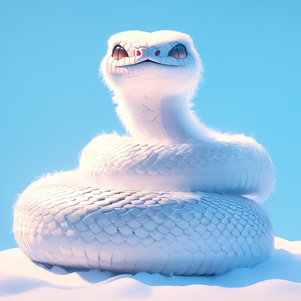 sishe, snake, cute, cc-color-correction, mf-movie-filter, warm colors, whimsy and dramatic lighting, white fur, soft lighting, fluffy, scales, white snake, snake focus, blue theme, blue background, slit pupils, no humans, simple background, looking at viewer, snow, smile, colored sclera, sitting, closed mouth, outdoors, day,<lora:sishe_xl:0.8>,