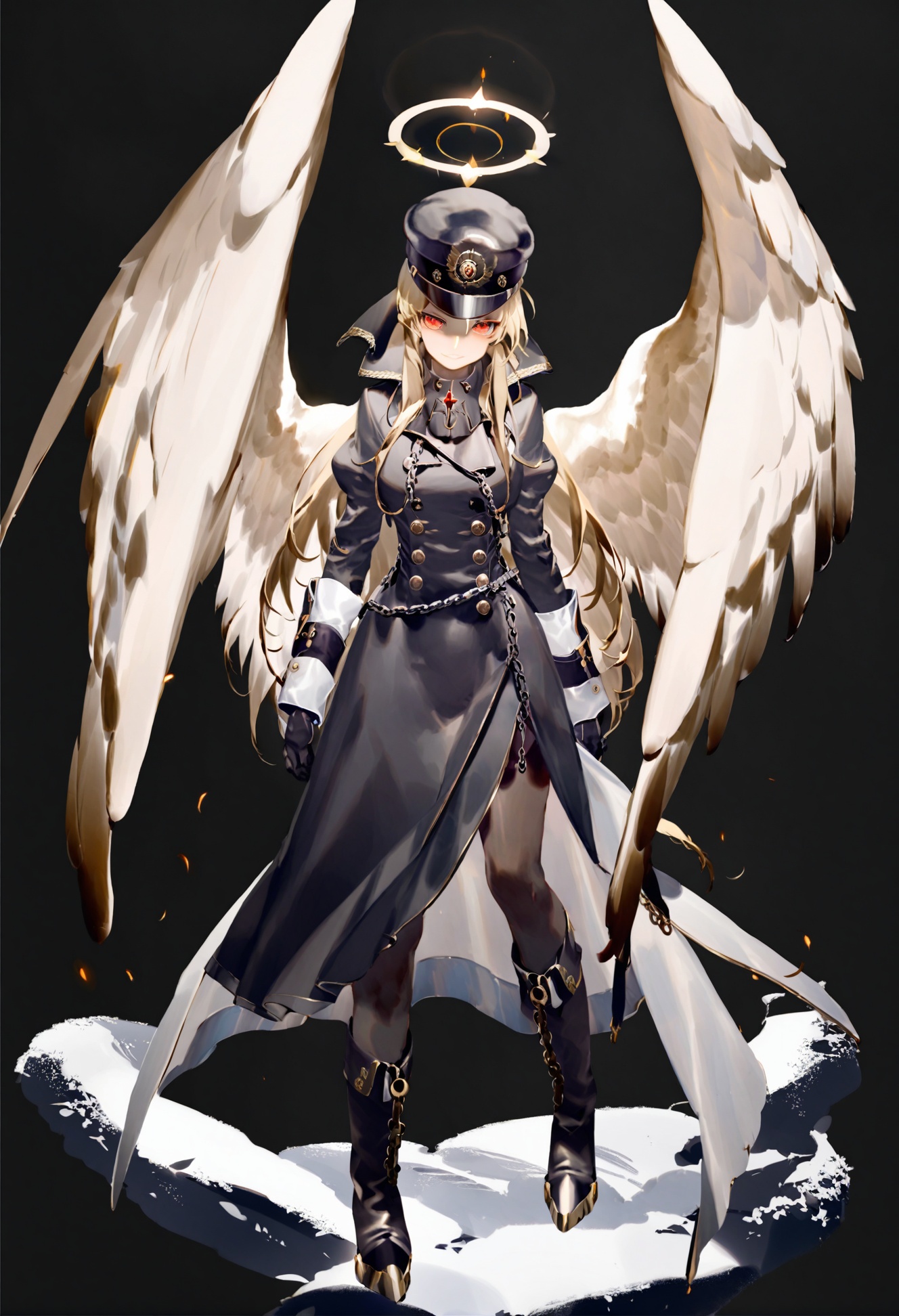 masterpiece, best quality, 1girl  , hat, solo, long hair , fire, boots , halo, red eyes, gloves, looking at viewer, blonde hair, black headwear, uniform, chain , military uniform, black footwear, military, black gloves, full body, fur trim, military hat, dress, wings, black dress, black background  <lora:REIKOXLlokr8f:1>