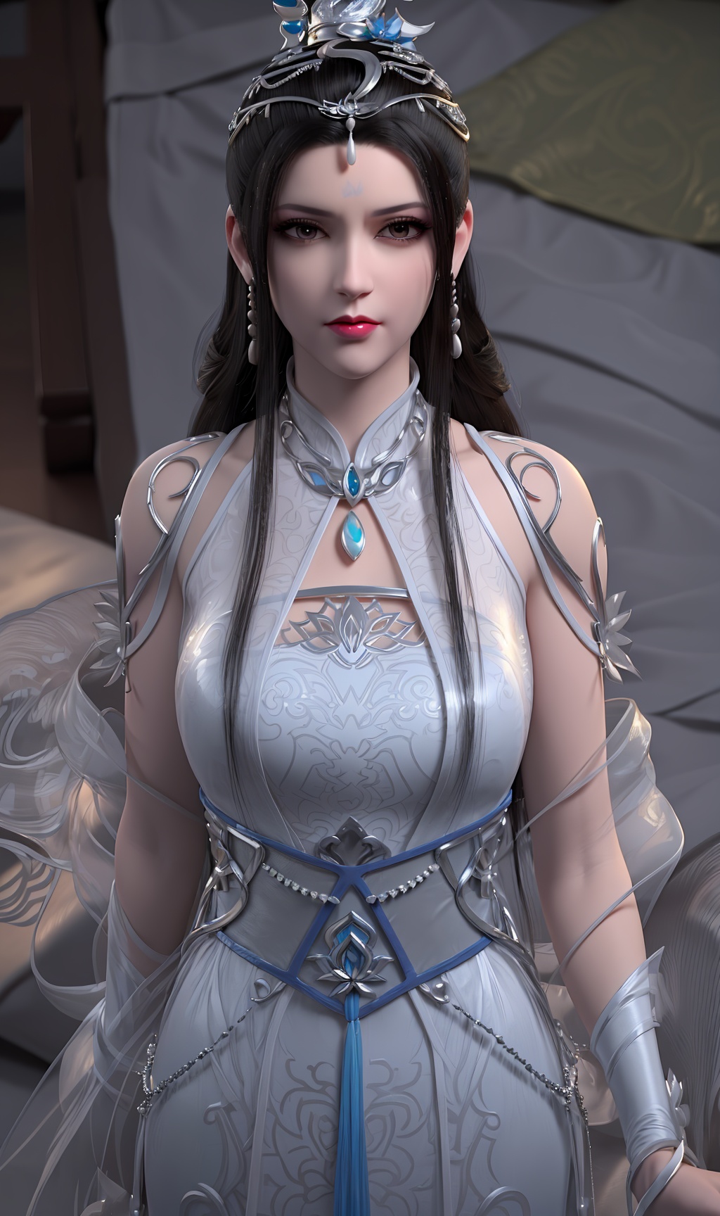3D,masterpiece,(best quality),(makeup),official art, extremely detailed cg 8k wallpaper,((crystalstexture skin)), (extremely delicate and beautiful),(highly detailed),(face),(headdress),(1girl), (solo), (jewelry), (earrings),(black_hair),(long_hair),(hair_ornament),(handwear),(silk_ribbon),(breast),(wristband),(standing),,,((upper_body)),(long_dress,long_skirt),(chinese_clothes),(multicolored_clothes),(multicolored_dress),(shiny_clothes:),(long_legs),((closed_mouth)),(sunshine, outdoor,bed),((looking_at_viewer)),((Facing the camera)),, <lora:hipoly3DModelLora_v10:0.3>