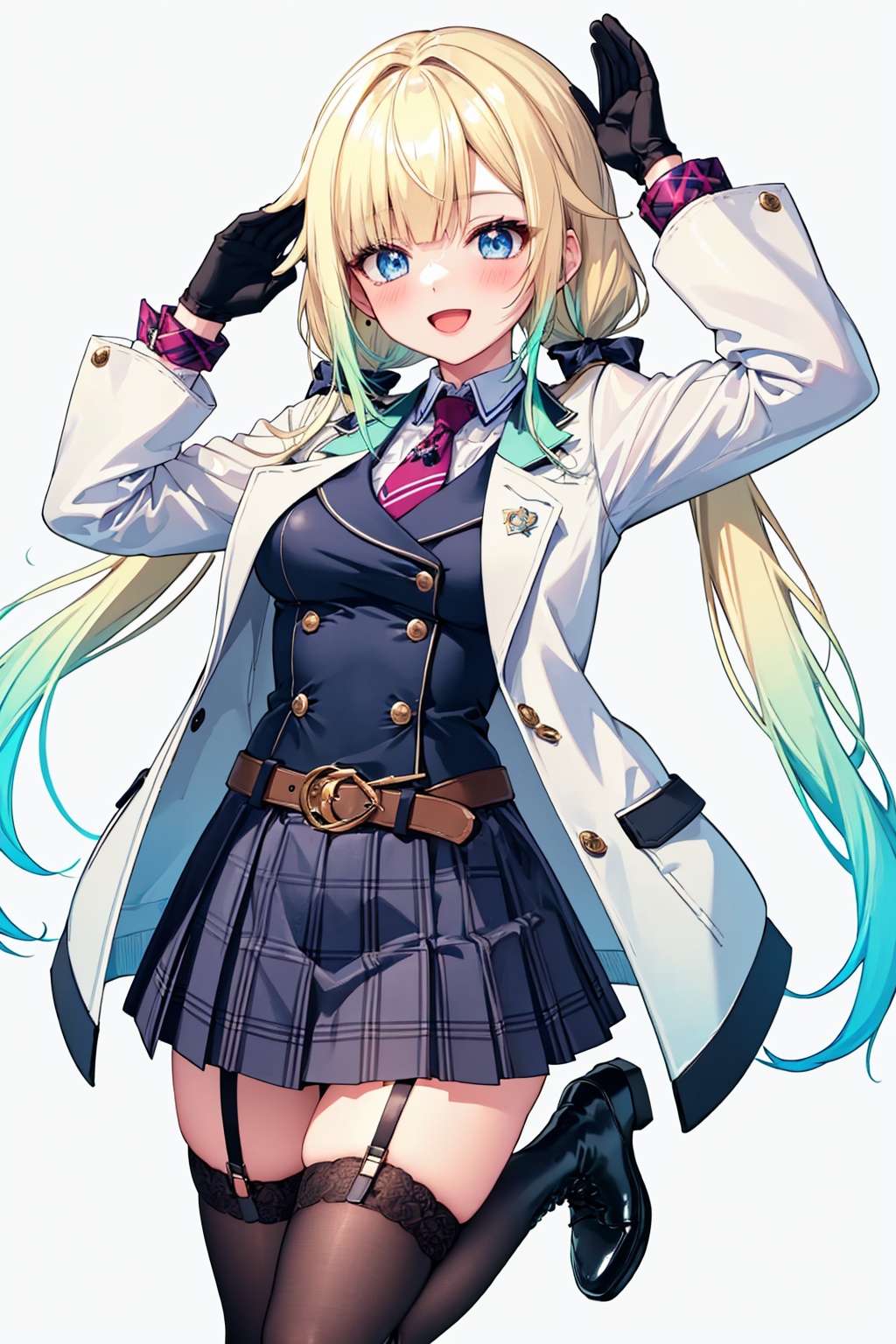 masterpiece,best quality, highly detailed, aizawa ema,1girl, solo, virtual youtuber, smile, skirt, black footwear, white jacket, white background, open mouth, blush, belt, looking at viewer, boots, garter straps, hair bow, armband, shirt, blue necktie, black thighhighs, low twintails, plaid, gloves, simple background, breasts,<lora:aizawa_ema:1>