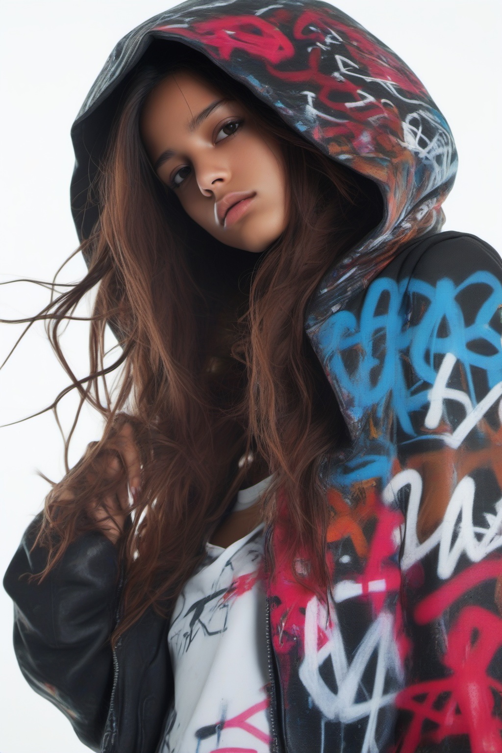 tuya,1girl,solo,brown hair,long hair,hood,simple background,dark skin,white background,dark-skinned female,upper body,jacket,looking at viewer,multicolored clothes,watermark,closed mouth,brown eyes,hood up,artist name,long sleeves,<lora:tuya-000008:0.8>,