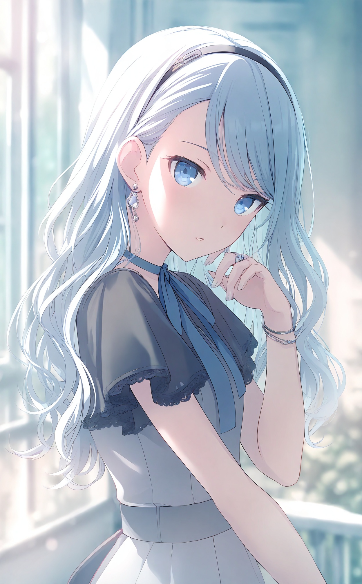 masterpiece,highres,absurdres,newest,best quality,high quality,chromatic_aberration,//,1girl,solo,jewelry,long_hair,neck_ribbon,blue_eyes,hairband,earrings,ring,short_sleeves,parted_lips,upper_body,black_hairband,blurry_background,bracelet,yoisaki_kanade,wavy_hair,backlighting,looking_at_viewer,blurry,ribbon,swept_bangs,light_blue_hair,dress,railing,window,hand_up,blue_nails,blue_hair,pearl_earrings,lace_trim,official_alternate_hairstyle,grey_nails,lace-trimmed_sleeves,depth_of_field,dot_nose,fingernails,bloom,day,choker,blue_ribbon,light_particles,grey_ribbon,lace,frilled_sleeves,bokeh,//,<lora:PJSKcg925——【NOOB】hans:0.8>,