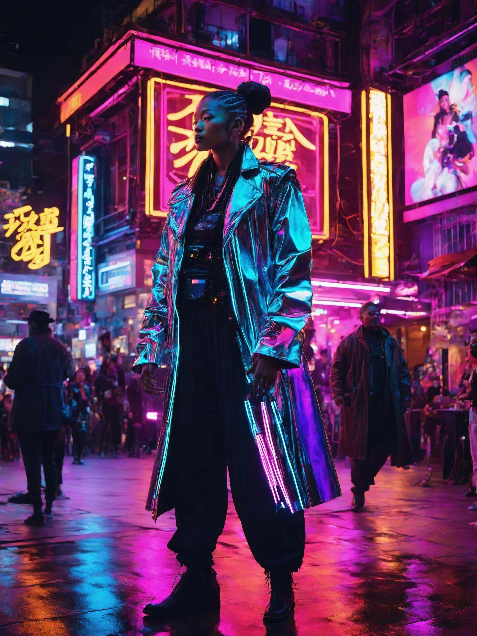 A cyberpunk street performer,  blending the soulful tunes of jazz with Zen philosophy,  mesmerizes audiences in a neon-lit...