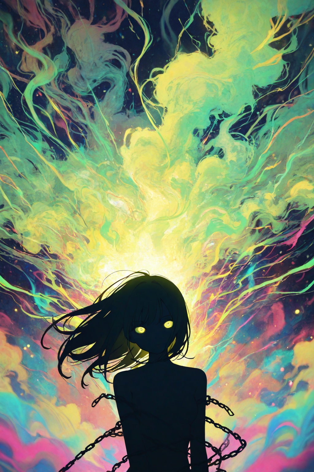 masterpiece,best quality,amazing quality,very aesthetic,absurdres,newest,highres,(artist:mamei_mema:0.4),1girl,solo,upper_body,chains,glowing_eyes,layered_composition,ethereal_aura,mysterious,dark_aesthetic,long_hair,long_floating_hair,(shadow:1.3),multicolored_hair_with_green_and_yellow_highlights,tattered_clothes,green_highlights,intense_stare,neon_lights,(colorful_background:1.2),green_and_yellow_lights,vivid_green_background,soft_yellow_and_lime_shadows,(smoke_effects:1.4),clouds,chains,birds,magical_energy,green_and_yellow_energy_aura,chains_wrapping_around_body,glowing_green_sparks,ethereal_smoke_with_yellow_tint,(backlit_effect:1.3),(contrejour_lighting:1.2),strong_yellow_light_behind_girl,silhouette_effect,darkened_body_with_green_edge_glow,high_contrast,dramatic_lighting,neon_green_glow,surreal,otherworldly,stylized,haunting,power_pose,abstract_elements,gradient_light_effects,neon_cityscape_with_green_and_yellow_lights,floating_islands,glowing_orbs_in_green_and_yellow,swirling_mist,(depth_of_field:1.3),motion_blur_effect,bokeh,cinematic_blur,dimensional_lighting,vibrant_green_and_yellow_colors,glowing_particles,enchanted_aura,soft_rays_of_green_and_yellow_light,rim_light_in_yellow,edge_glow,