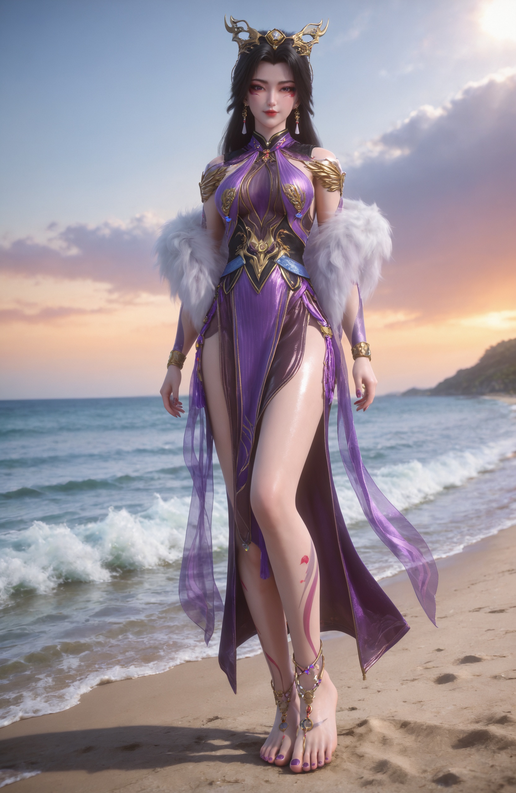 <lora:百炼成神2-司妙玲2Pony:0.7> 1girl, long hair, black hair, hair ornament, facial mark, purple dress, chinese clothes, bare legs,tattoo, barefoot, toenails,purple nails,anklet,barefoot sandals \(jewelry\),toe ring,feet focus,shiny skin,, standing,Seaside,beach,waves,full body,