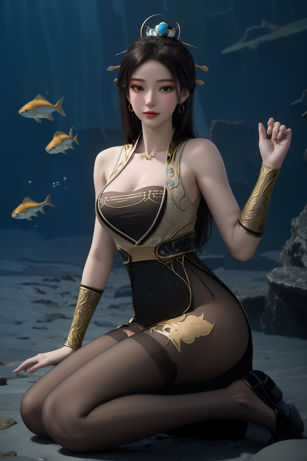 1girl,underwater,submerged,floating hair,air bubble,holding breath,see-through,masterpiece,best quality,highly detailed,fish,(wide hip:1.2),jellyfish,earrings,hair ornament,sea weed,coral reef,shark,sea turtle,sexy pose,kneeling,chinese dress,chinese clothes,big breasts,(looking at viewer:1.2),black pantyhose,arms up,torn pantyhose,