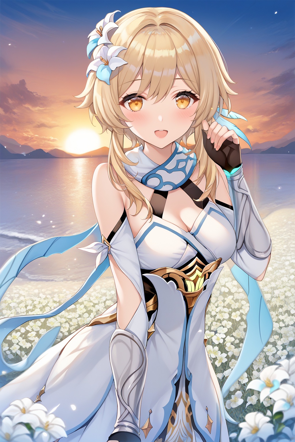score_9,score_8_up,score_7_up,score_6_up,score_5_up,score_4_up,source_anime,source_cartoon,<lora:lumineTuPONYXL-000008:1>,lumine \(genshin impact\),1girl,solo,flower,hair flower,blonde hair,hair ornament,breasts,dress,yellow eyes,outdoors,detached sleeves,looking at viewer,sky,smile,bare shoulders,partially fingerless gloves,medium breasts,cleavage,short hair with long locks,sidelocks,white flower,gradient sky,scarf,blush,open mouth,hand up,sunset,