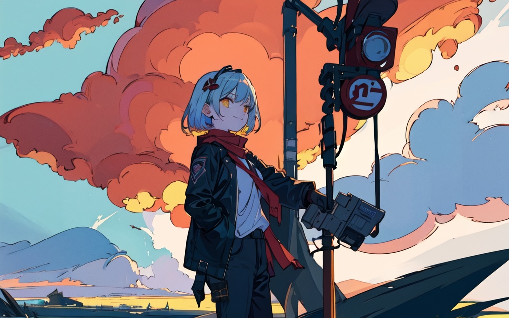 ((masterpiece,best quality)),1girl,solo, (((Chisato Nishikigi))), short hair, light yellow hair, solo, dress, detail eyes, looking at viewer, long sleeves, standing, white dress, gloves, hair ornament, black jacket, smile, floating hair, dutch angle, closed mouth, looking away, (center park),cloudy sky, blue sky, warm color,