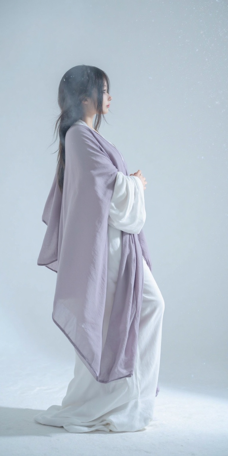 A photograph features a serene Asian woman with long,dark hair,wearing a flowing white robe and a lavender shawl. She stands against a snowy,misty background,looking contemplatively to her right. The soft lighting and ethereal atmosphere evoke tranquility and grace.,