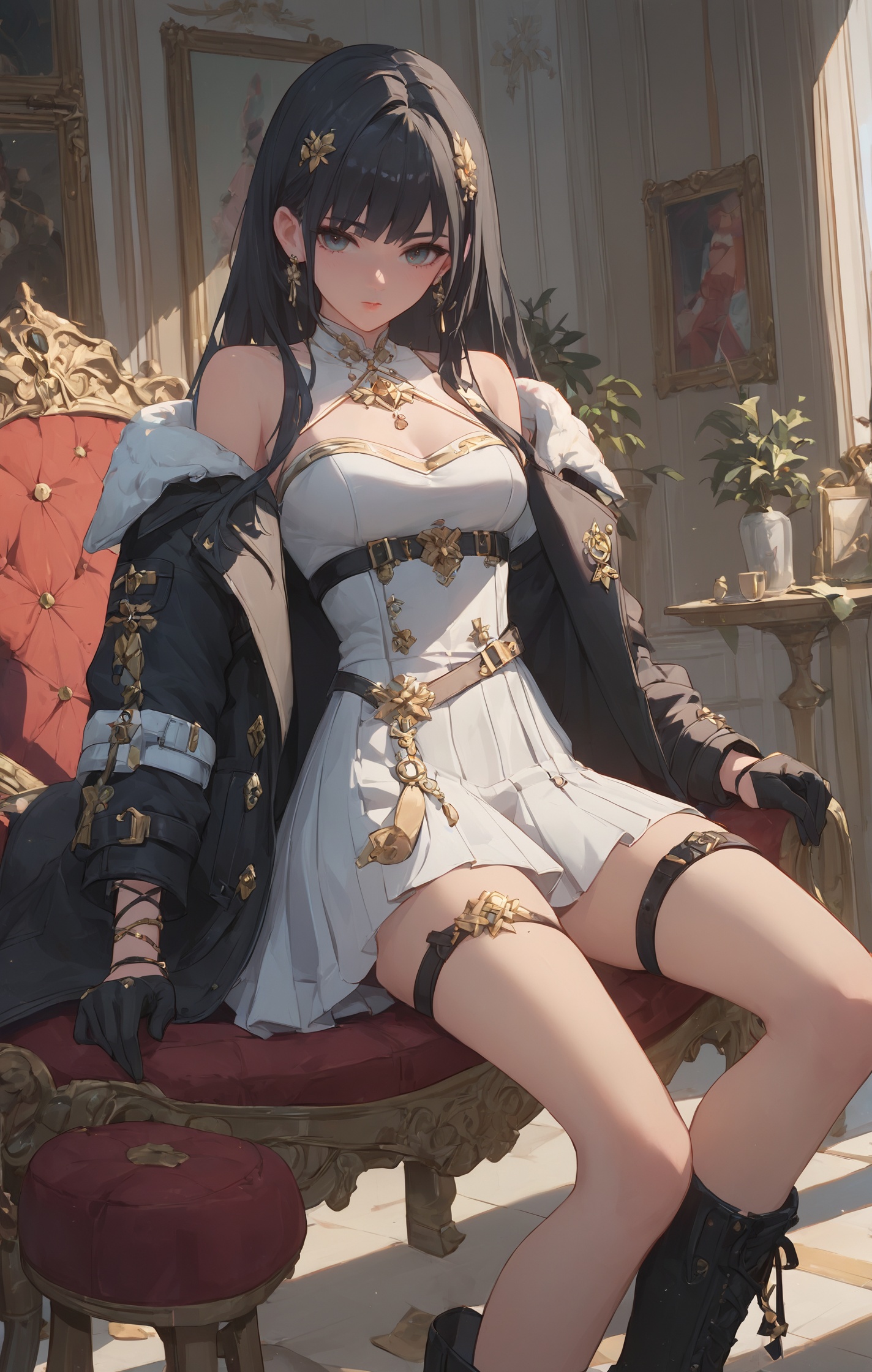 core_9,score_8_up,score_7_up,masterpiece,bestquality,AFLY,MCBZ,1girl,white skirt,off-shoulder skirt,black jacket,the coat is open,long black hair,hair_ornament,<lora:鸣潮白芷:0.6>,black gloves,waist jewelry,boots,thigh_strap,modern room interior background,(arms_crossed),