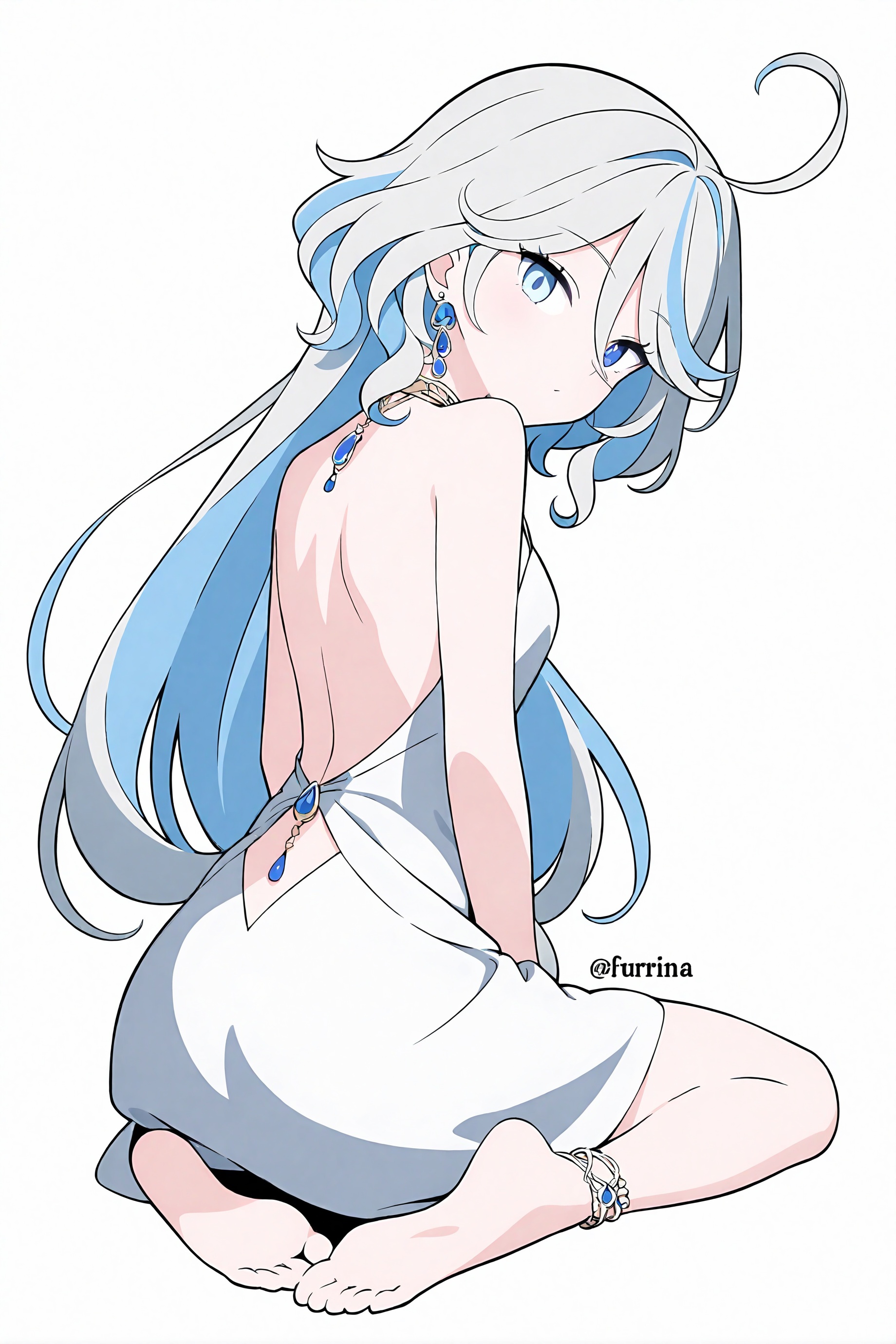 furina \(initial design),1girl,dress,solo,long hair,jewelry,white dress,blue eyes,sitting,earrings,ass,barefoot,hair ornament,bare shoulders,soles,hair between eyes,backless outfit,ahoge,bangs,own hands together,backless dress,feet,looking back,looking at viewer,breasts,back,from behind,closed mouth,artist name,full body,grey hair,anklet,sleeveless dress,Simple Flat Coloring,sketch,line,simple background,white background,