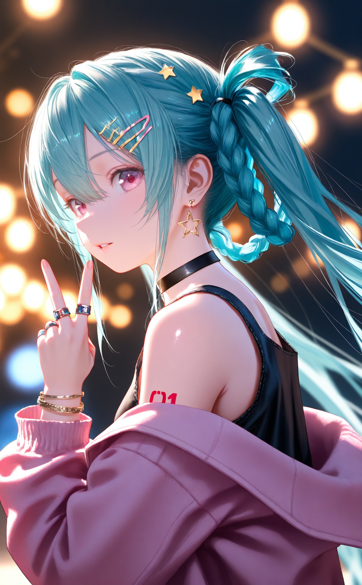masterpiece,very aware,highres,absurdres,newest,best quality,high quality,loli,petite,chromatic_aberration,Light Blue Theme,lens_flare,//,1girl,solo,hair ornament,looking at viewer,jewelry,ring,star (symbol),star hair ornament,long hair,pink eyes,choker,hair rings,hairclip,pink nails,upper body,black choker,earrings,hatsune miku,multiple rings,jacket,braid,twintails,aqua hair,parted lips,bracelet,bare shoulders,hair between eyes,black **** top,off shoulder,nail polish,v,from side,pink jacket,breasts,fingernails,blue hair,black shirt,**** top,open jacket,shirt,braided hair rings,//,//,official art,depth of field,detailed light,blurry background,best shadow,shiny skin,cinematic lighting,ray tracing,amazing quality,very aesthetic,absurdres,beast quality,ultra detailed,newest,8K,HDR,