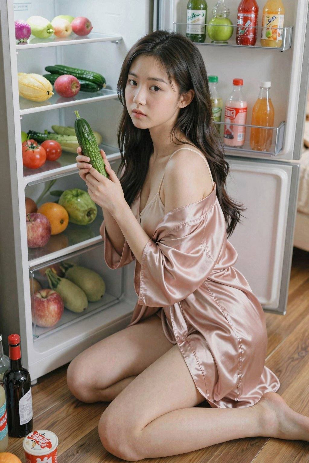 A young Asian woman, appearing to be in her early twenties, kneels on the floor in front of an open refrigerator. She holds a long, green cucumber in her hands, gazing directly at the viewer with a contemplative and slightly questioning expression. The woman has long, wavy black hair cascading over her shoulders. She wears a soft, blush-pink satin robe, with delicate spaghetti straps and a flowing, off-the-shoulder design. The robe subtly drapes, accentuating her figure. The refrigerator interior is filled with various fruits, vegetables, and condiments. The lighting is soft and diffused, highlighting the textures of the food and the satin robe. The floor is made of wooden planks. Various bottles and containers lie on the floor around her. The composition is intimate and captures a candid moment in a domestic setting, with the open fridge creating a frame around the woman. The overall mood is one of quiet contemplation, with soft colors and natural light evoking a sense of calm and everyday life. The style evokes a touch of soft realism.
