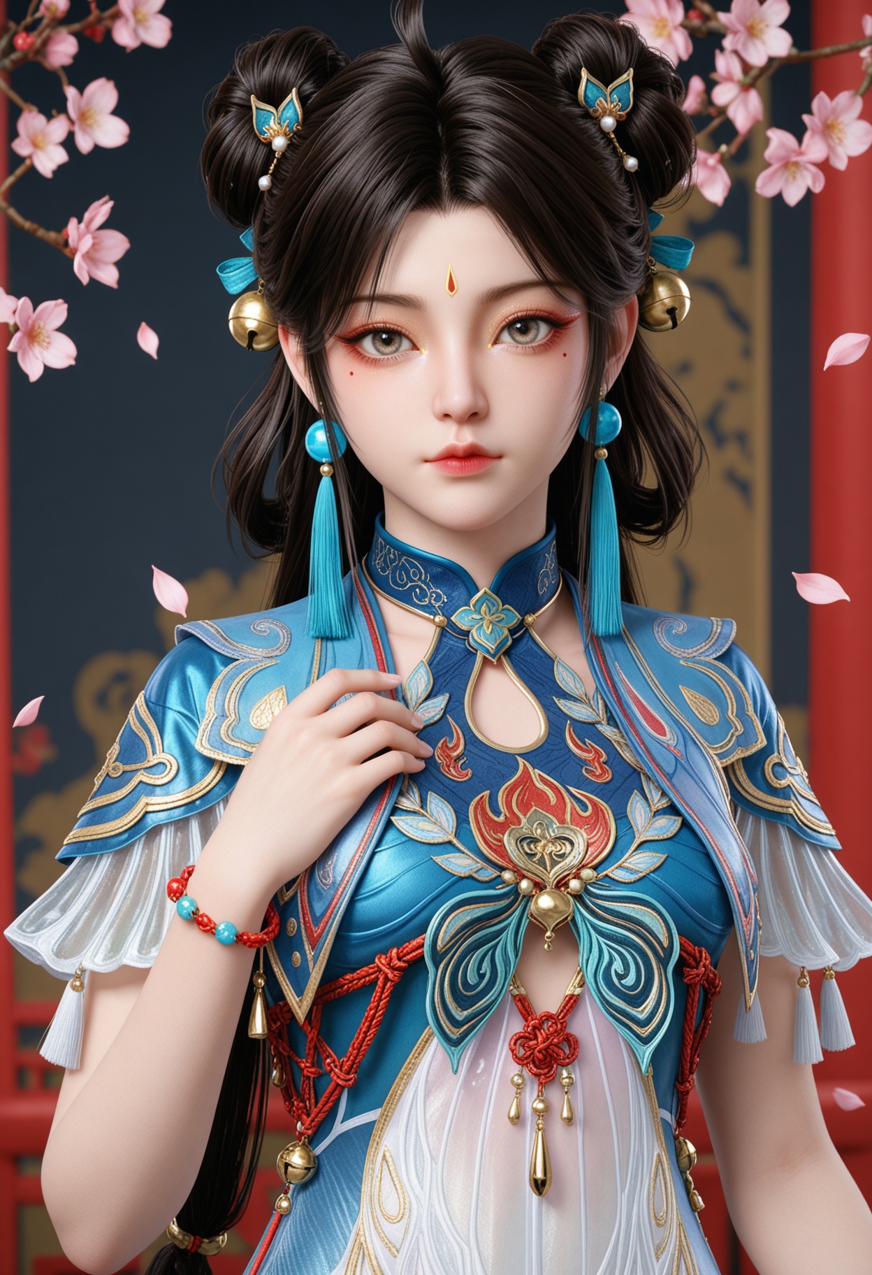 (upper_body:1.2),(looking at viewer:1.1),masterpiece,(best quality),smog,Dark room,dim lighting,peach blossom,falling petals,<lora:YQ_Illustrious光辉v5_蓝梦_V1:0.8>,q1528437228,1girl,solo,jewelry,black hair,dress,hair ornament,earrings,long hair,hair bun,chinese clothes,double bun,tassel,blue dress,facial mark,forehead mark,bell,bracelet,short sleeves,mole under eye,brown hair,grey eyes,beads,shoes,ahoge,hair rings,brown eyes,white footwear,china dress,hair bell,braid,jingle bell,sandals,