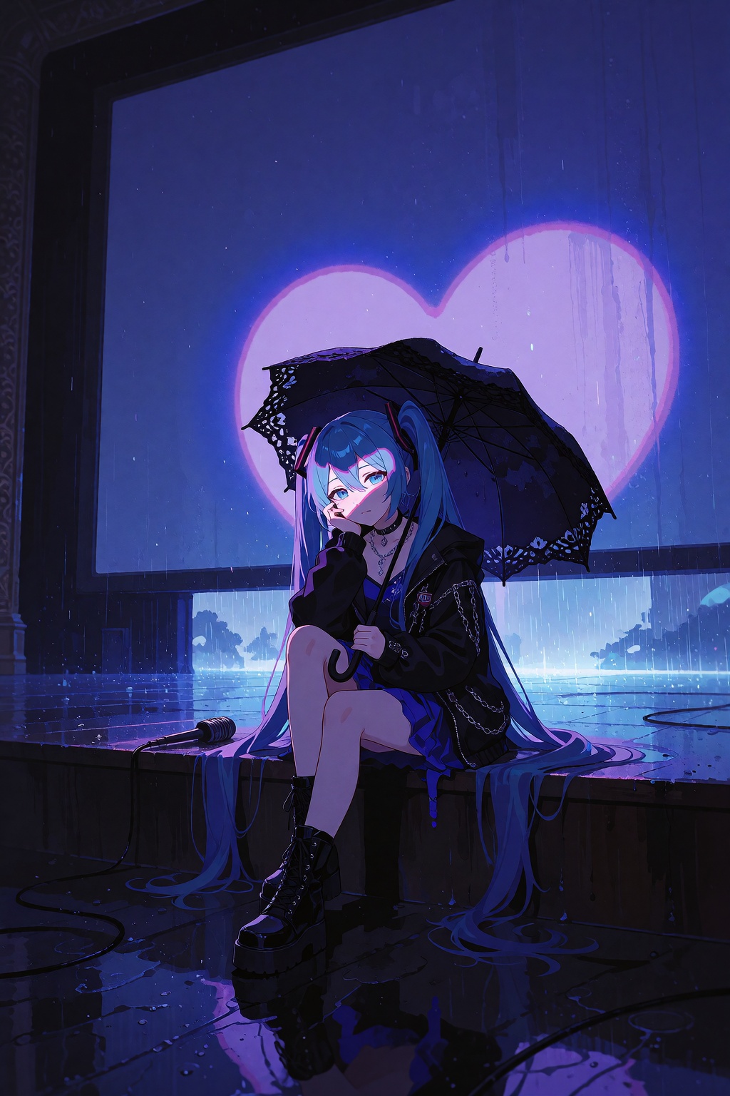 Miku sitting alone on the edge of a giant empty theater stage,  holding a black lace umbrella.She has a quiet sad expressi...
