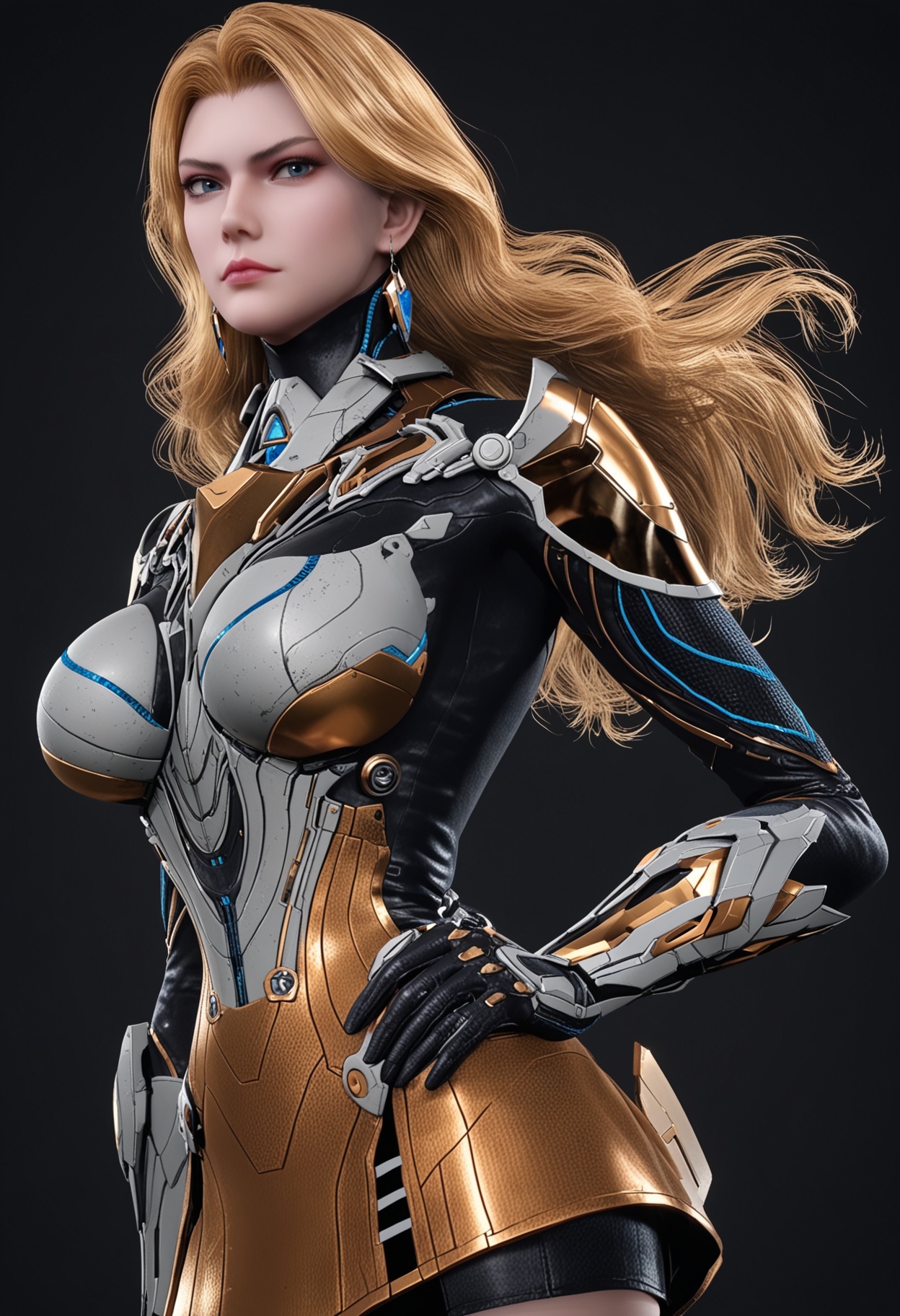score_9,looking_at_viewer,upper body,large breasts,weinina,1girl,solo,blonde hair,long hair,earrings,jewelry,armor,bodysuit,blue eyes,realistic,skirt,high heels,(simple background,pure black background,black background:1.1),perfect_anatomy,<lora:QQSponyweininaV1:0.8>,