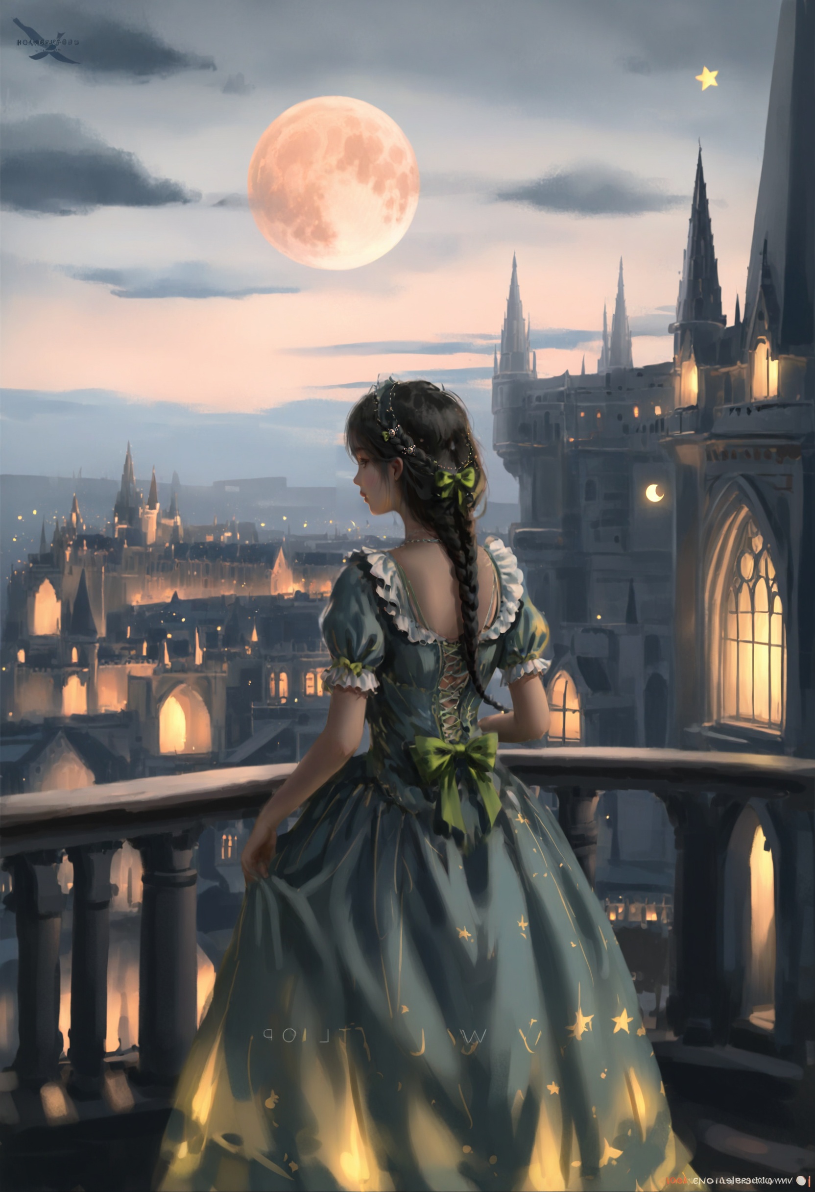 masterpiece, best quality,1girl,   realistic, solo, 1011ta dress, scenery, window, star, (sky:1.1), moon, hair bow, standing, cloud, twin braids, blue bow, full moon, bow, facing away, green bow, braid, night sky, blue dress, dress, castle, watermark, building, city, cloudy sky, outdoors, night, black hair <lora:wlopXLlokr4f-000187:0.95>
