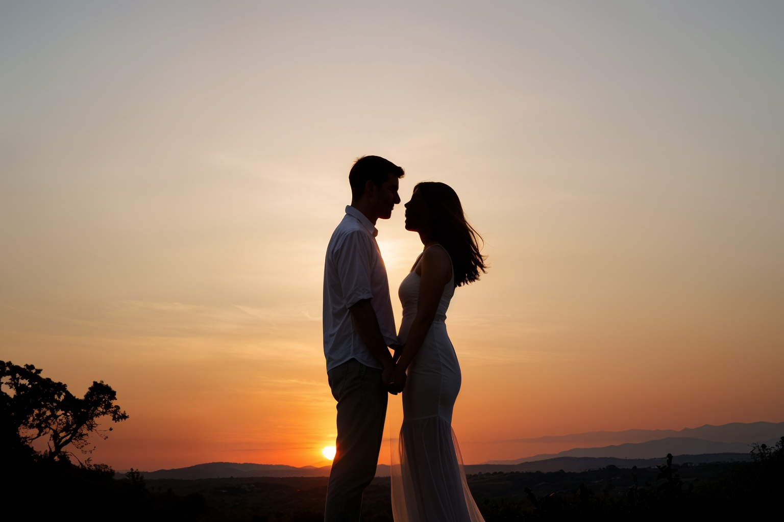 Silhouette of couple holding hands in sunset on Tensor.Art