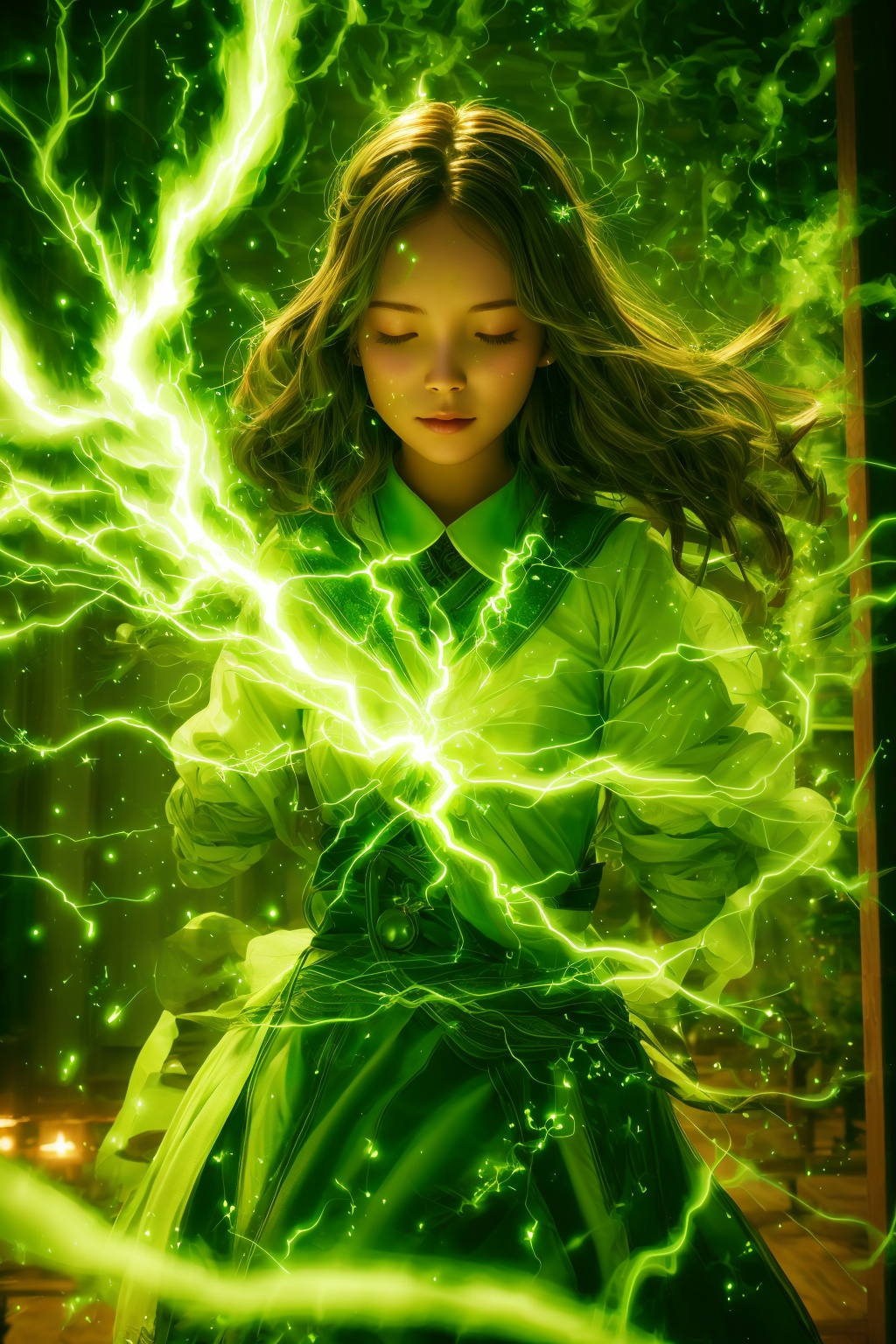 green-aura,green-magic,using green-lightning-magic,green-lightning-magic,green-lightning-aura,1girl,solo,closed eyes,brown hair,indoors,glowing,facing viewer,<lora:magic_fighting_green_512_dreamshaper_8_2:0.8>,