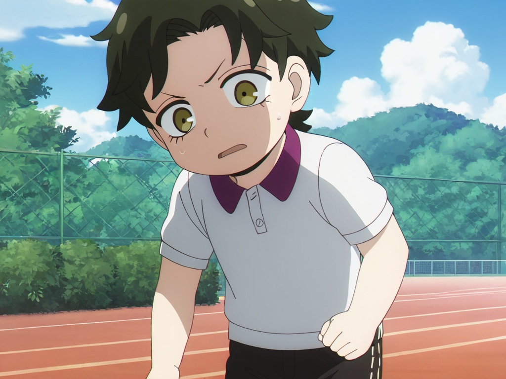 <lora:Damian_Desmond_XL:1>,explicit,Damian Desmond,(best quality:1),(best detail:1),(masterpiece:1),school,elegant walk in the playground,male focus,1boy,solo,(toddler:1.3),(petite:1.3),dark green hair,short hair,yellow eyes,perfect eyes,(5fingers:1.1),perfect hands,white sports clothes,black school uniform with phnom penh,black_shorts,lonely,correct anatomy,available light,animation style,full_shot,(incredibly absurdres:2),