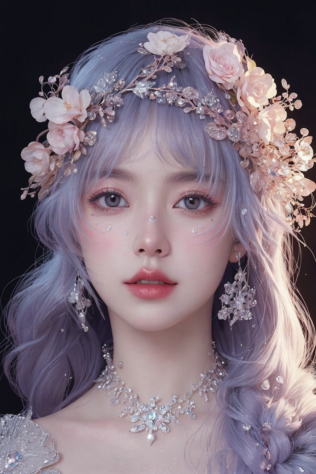 <lora:Fashion_Girl:0.66>purple  theme,  snowflakes,  looking at viewer,  portrait,  colorful hair,  jewelry,  close up,  ultra high res,  deep shadow, (best quality,  masterpiece),  dimly lit,  shade, highly detailed,  bold makeup,  flower,  simple background,  depth of field,  film grain,  fashion_girl,  accessories, High detailed, (masterpiece,high quality,best quality),(colorful),(delicate eyes and face),volumatic light,ray tracing,extremely detailed CG unity 8k wallpaper,solo, indoors, palace, lights, window, decorations,(ahoge:1.3),best quality,official art,(((light from the sky))),floating hair,light shines on hair,whultra-detailed,(((extremely detailed cg 8k wallpaper))),(crystalstexture skin:1.4),(extremely delicate and beautiful),(white skin),looking_at_viewer,kinghere fensejiaren,,realistic,