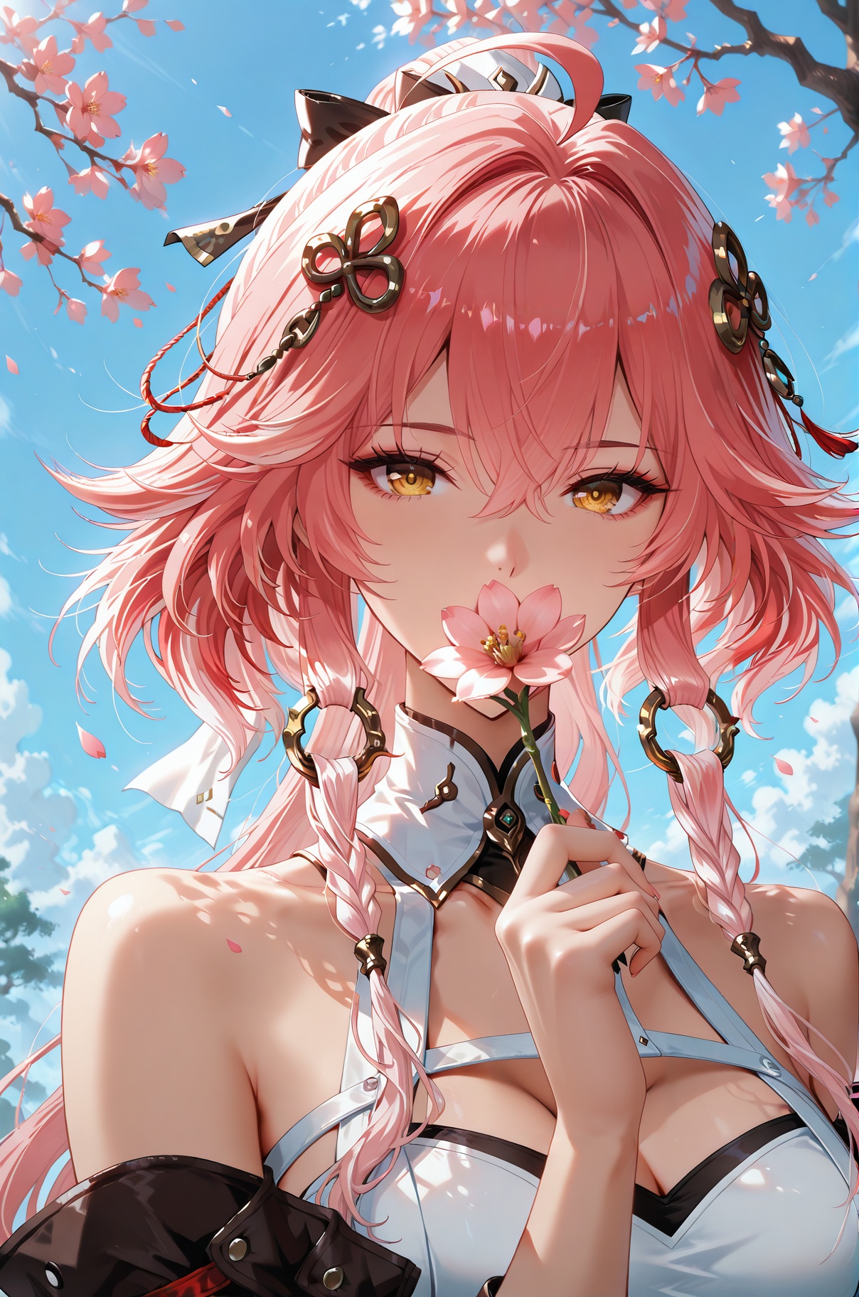 <lora:长离长离:1>,changli,1 woman,yujie,long hair,bangs,hair ornament,hair between eyes,yellow eyes,pink hair,ahoge,red hair,1girl,solo,cherry blossoms,shirt,holding,petals,flower,looking at viewer,upper body,branch,pink flower,white shirt,bare shoulders,collared shirt,sleeveless shirt,holding flower,outdoors,falling petals,day,sky,blue sky,leaf,eyelashes,light particles,dappled sunlight,sunlight,pink theme,tree,covering mouth,hand up,covered mouth,