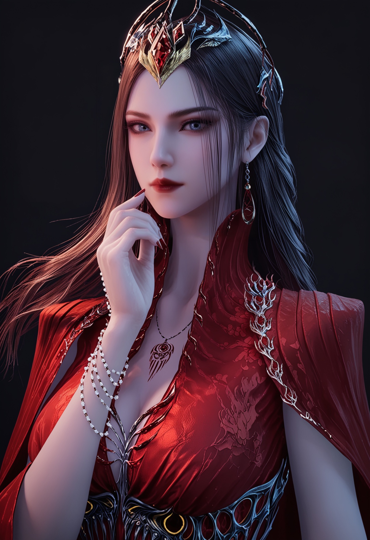 score_9,looking_at_viewer,upper body,(large breasts:0.8),yexishui,1girl,solo,long hair,jewelry,red dress,dress,brown hair,closed mouth,realistic,hair ornament,earrings,cape,grey eyes,necklace,bracelet,red lips,high heels,(simple background,pure black background,black background:1.1),perfect_anatomy,<lora:QQSponyyexishuiV1:0.8>,