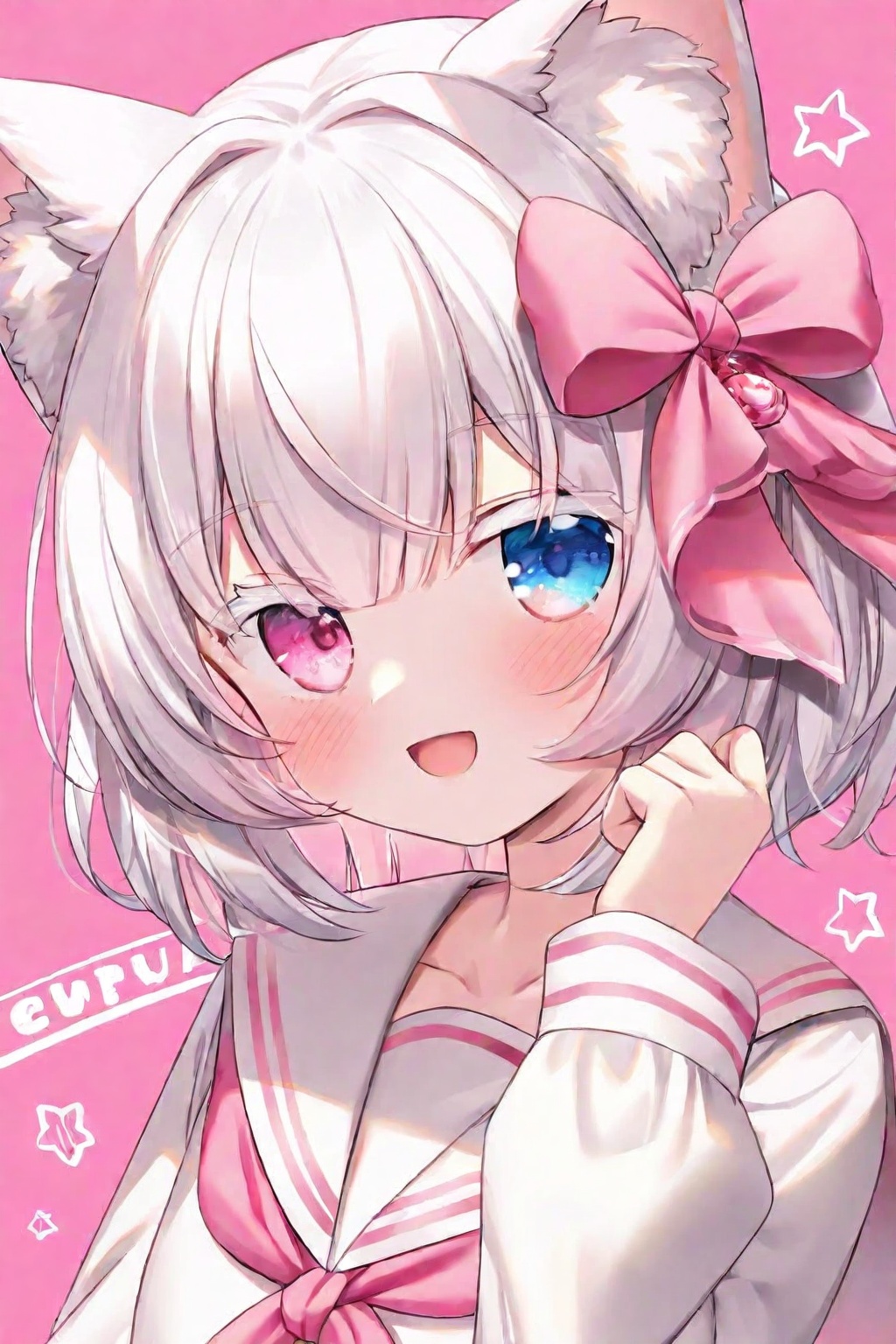 1girl, animal ear fluff, animal ears, blue eyes, blush, bow, cat ears, cat girl, character name, collarbone, colored eyelashes, hair bow, hand up, heterochromia, long sleeves, looking at viewer, neckerchief, open mouth, pink background, pink bow, pink eyes, pink neckerchief, sailor collar, school uniform, short hair, signature, simple background, smile, solo, star \(symbol\), virtual youtuber, white hair, white sailor collar <lora:ch-000057:1>