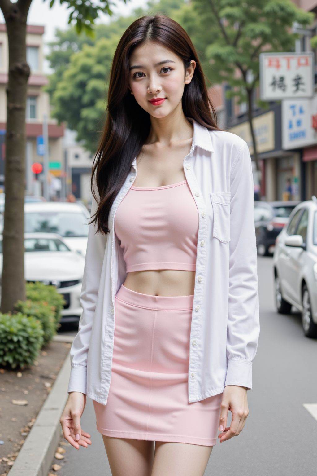 The image shows a woman standing outdoors on a city street. She is wearing a light pink outfit consisting of a crop top and a high-waisted skirt. Over her outfit, she has a white button-up shirt that is slightly open. Her long, dark hair is styled straight and falls over her shoulders. In the background, there are several cars parked along the street, a tree, and a building with a sign that appears to be in Chinese characters. The setting seems to be urban, with a mix of greenery and infrastructure.