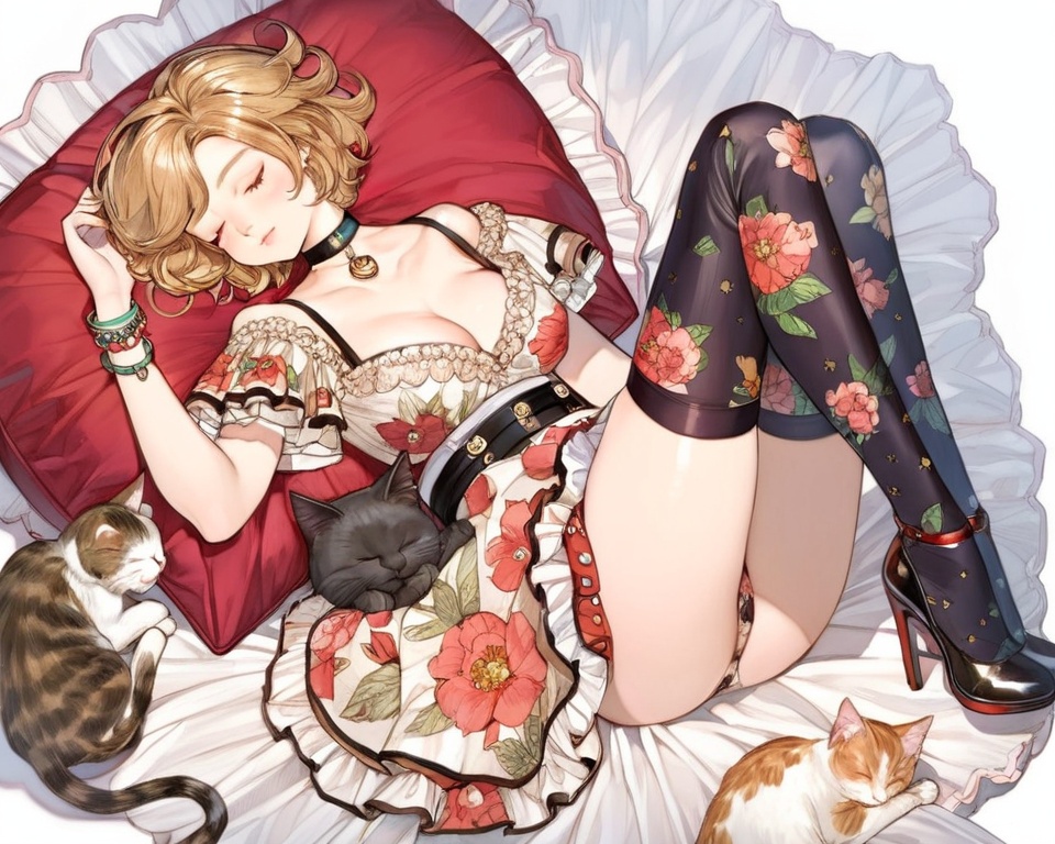 (best quality), ((masterpiece)), (highres), illustration, original, extremely detailed, <lora:NO Name Art:0.7>1girl, thighhighs, breasts, solo, bracelet, print legwear, jewelry, high heels, closed eyes, sleeping, short hair, brown hair, choker, cat, pillow, underwear, cleavage, frills, shoes, panties, medium breasts, floral print, blonde hair, dress