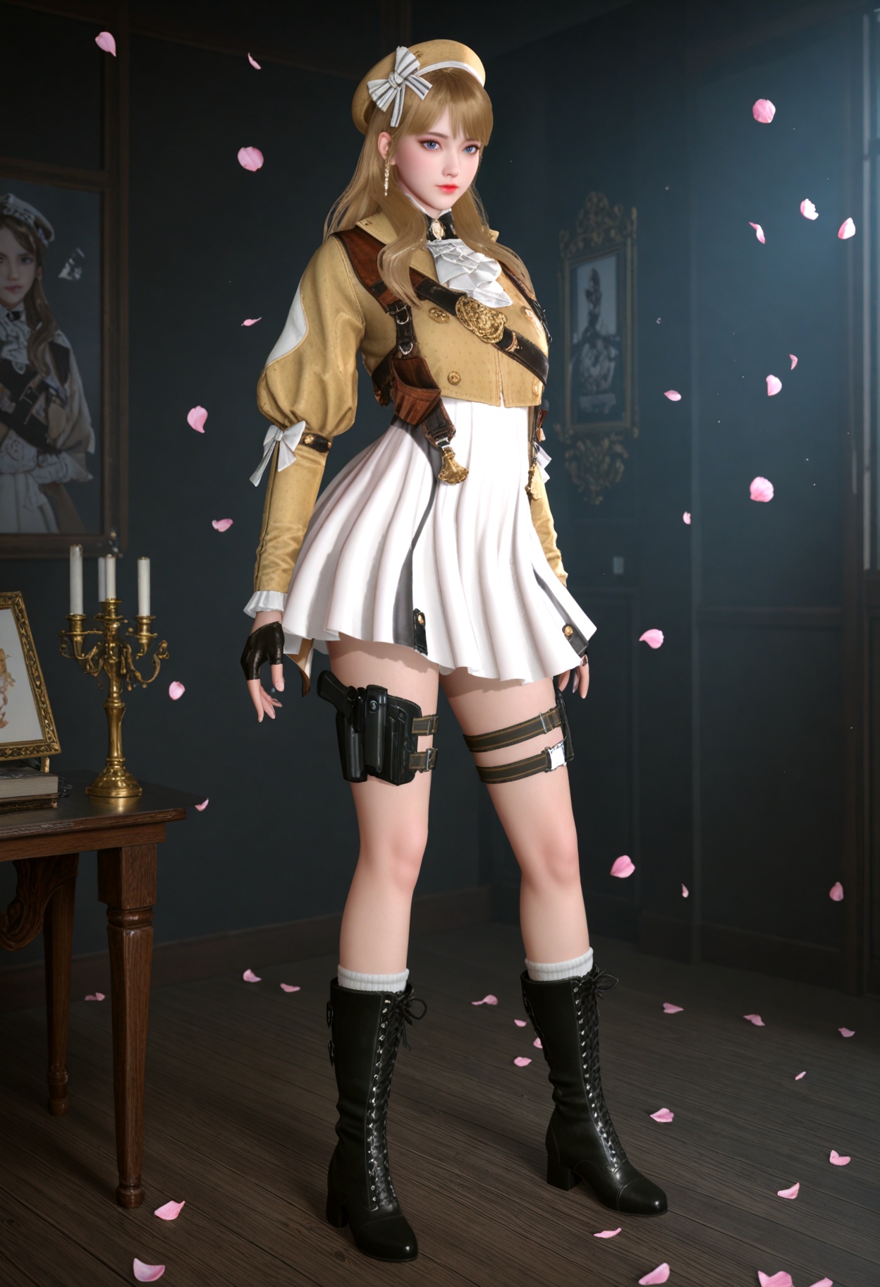 (full_body:1.1),(gigantic breasts:0.6),(slender:1.3),(looking_at_viewer:1.1),(masterpiece:1.1),(best quality:1.2),(intricate details),(smog:1.3),(Dark room:1.3),(dim lighting:1.3),peach blossom,falling petals,<lora:YQ_Illustrious光辉v5_云悠悠_潜伏者_V1:0.8>,q1528437228,1girl,solo,hat,long hair,blonde hair,brown hair,beret,black boots,long sleeves,skirt,blue eyes,gloves,dress,thigh strap,jewelry,earrings,ascot,puffy sleeves,white skirt,holster,bow,jacket,black gloves,white bow,cropped jacket,masterpiece,(best quality),(intricate details:0.9) BREAK (intricate details:0.9),(realistic skin:1.2),masterpiece,best quality,newest,absurdres,hiahres,