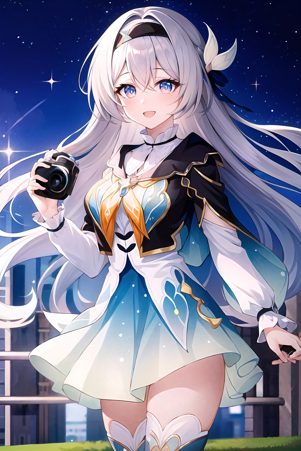 (masterpiece, best quality:1.2),insanely detailed,absurdres,ultra-highres,ultra-detailed,best quality,slender,kawaii,perfect symmetrical face,ultra cute girl,ultra cute face,ultra detailed eyes,ultra cute,ultra beautifu,<lora:firefly-000001:1>,firefly \(honkai: star rail\),1girl,solo,camera,multicolored thighhighs,long hair,holding,hairband,smile,looking at viewer,black hairband,holding camera,open mouth,black jacket,sky,multicolored thighhighs,skirt,multicolored eyes,grey hair,long sleeves,cowboy shot,hair intakes,white shirt,white shirt,zettai ryouiki,blue skirt,outdoors,star \(sky\),black jacket,:d,black jacket,starry sky,sidelocks,orange neckerchief,hair ribbon,