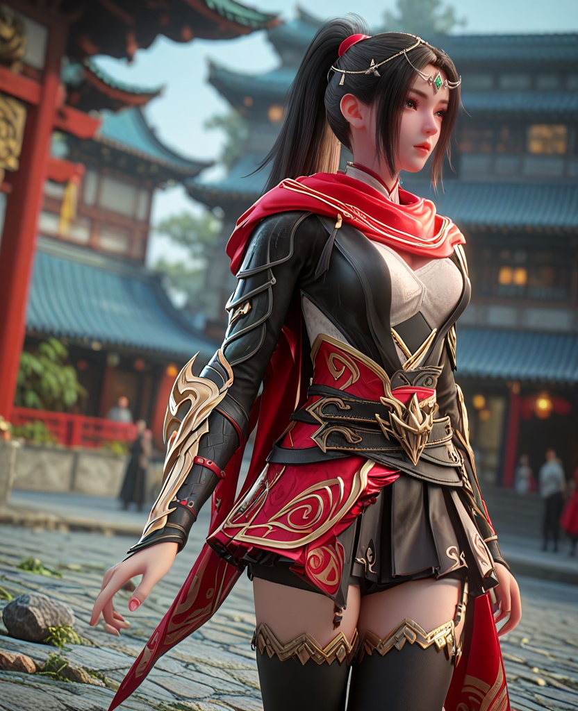 (oriental architecture, elegant decor, sophisticated style:1.1),(Delicately tracing a path down her neck with her fingertips, she exudes vulnerability and desirability:1.1),(breasts:1.2),<lora:XL百炼成神朱千凝>,miss zhuqianning,black hair,scarf,ponytail,long hair,armor,breasts,hair ornament,brown hair,skirt,black thighhighs,circlet,, zPDXL2, score_9, score_8_up, score_7_up BREAK realistic, masterpiece,best quality, highly detailed,, zPDXL3, zPDXL2,zPDXL, zPDXLxxx, zPDXLrl,